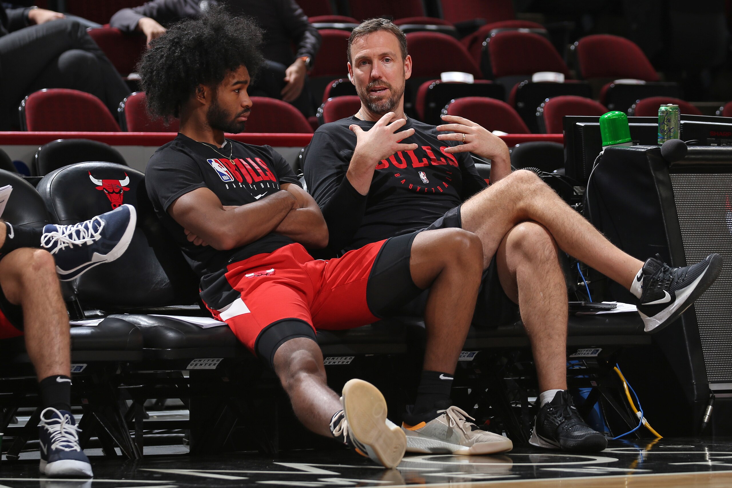 CHICAGO, IL - NOVEMBER 16: Coby White #0 talks with assistant coach Chris Fleming of the Chicago Bulls before the game on November 16, 2019 at United Center in Chicago, Illinois. NOTE TO USER: User expressly acknowledges and agrees that, by downloading and or using this Photograph, user is consenting to the terms and conditions of the Getty Images License Agreement. Mandatory Copyright Notice: Copyright 2019 NBAE (Photo by Gary Dineen/NBAE via Getty Images) CHICAGO, IL - NOVEMBER 16: Coby White #0 talks with assistant coach Chris Fleming of the Chicago Bulls before the game on November 16, 2019 at United Center in Chicago, Illinois. NOTE TO USER: User expressly acknowledges and agrees that, by downloading and or using this Photograph, user is consenting to the terms and conditions of the Getty Images License Agreement. Mandatory Copyright Notice: Copyright 2019 NBAE (Photo by Gary Dineen/NBAE via Getty Images)