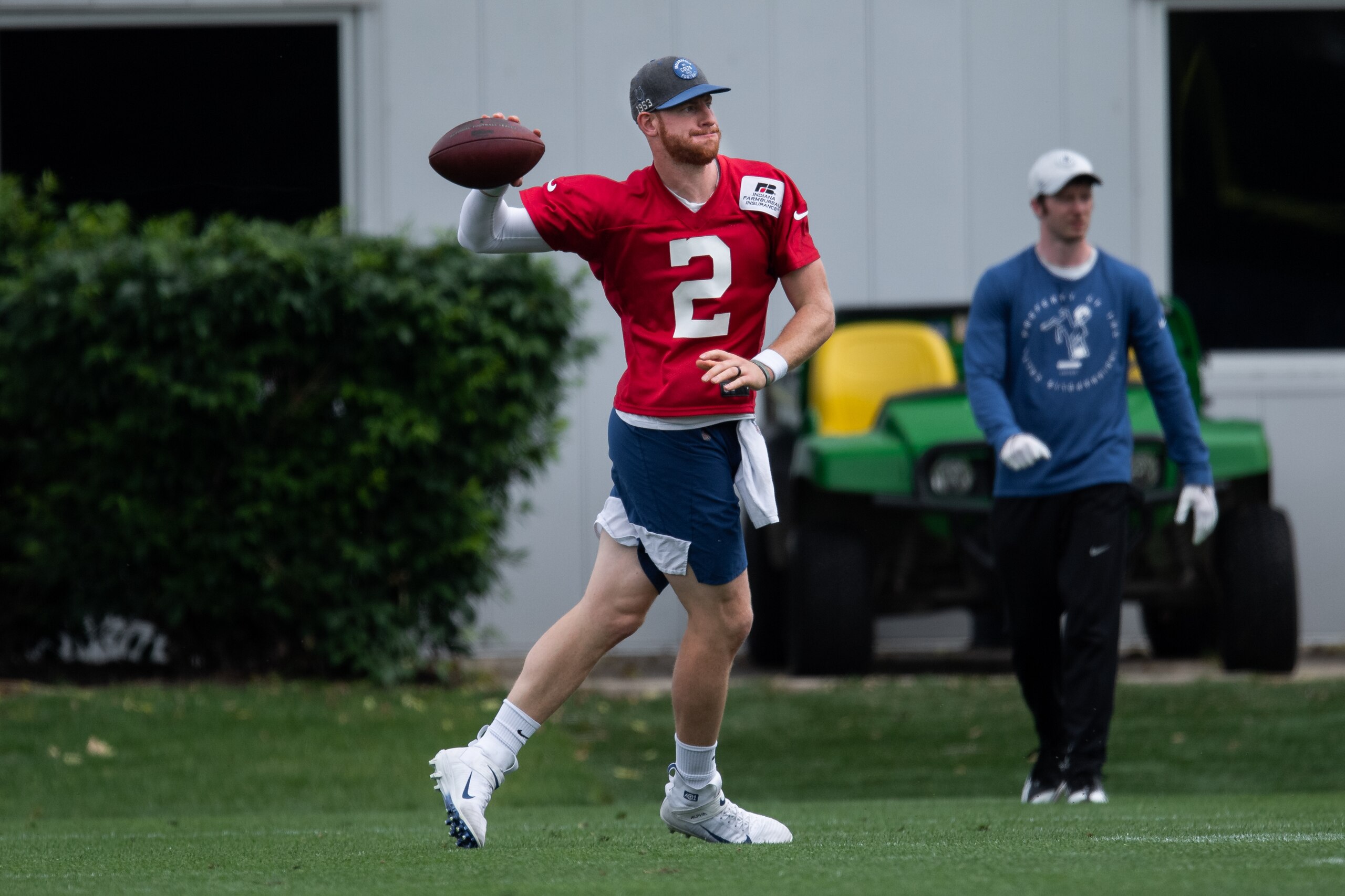INDIANAPOLIS, IN - MAY 27: Indianapolis Colts quarterback Carson Wentz (2) runs through a drill during the Indianapolis Colts offseason practice on May 27, 2021 at the Indiana Farm Bureau Football Center in Indianapolis, IN. (Photo by Zach Bolinger/Icon Sportswire via Getty Images)