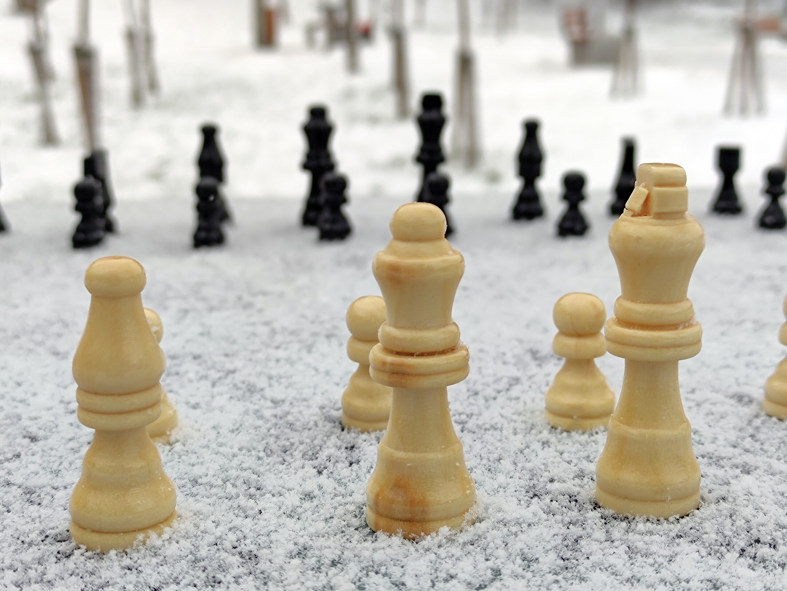 KYIV, UKRAINE - JANUARY 28, 2021 - Snow covers a chessboard with chess pieces during the launch of the second stage of the project carried out by the Embassy of the State of Israel in Ukraine to develop the Ukraine - the Friendship Park of Israel landscape park on Tu BiShvat, Kyiv, capital of Ukraine. - PHOTOGRAPH BY Ukrinform / Barcroft Studios / Future Publishing (Photo credit should read Hennadii Minchenko/ Ukrinform/Barcroft Media via Getty Images)
