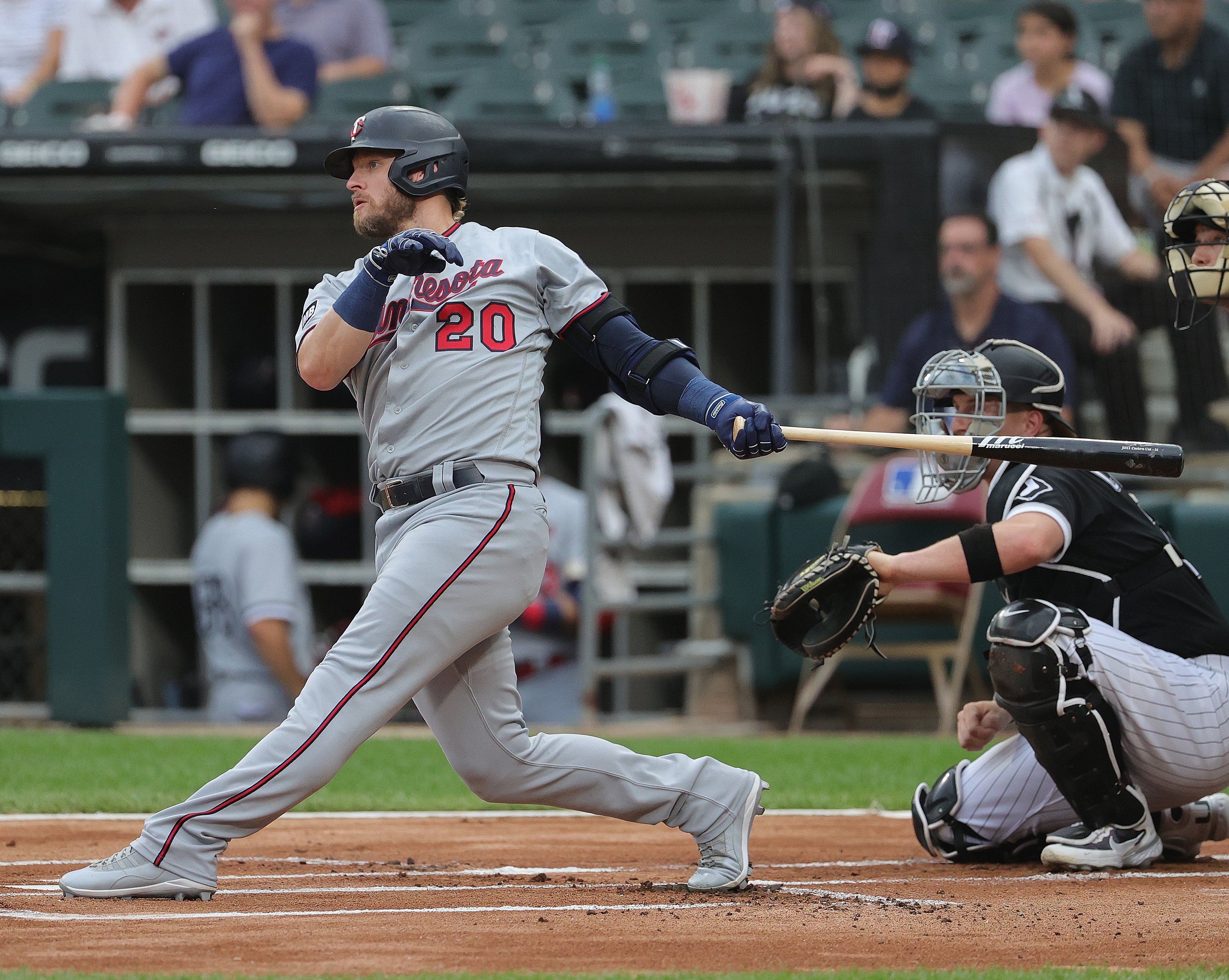 CHICAGO, ILLINOIS - JUNE 29: Josh Donaldson #20 of the Minnesota Twins hits a two run home run in the 1st inning against the Chicago White Sox at Guaranteed Rate Field on June 29, 2021 in Chicago, Illinois. (Photo by Jonathan Daniel/Getty Images)