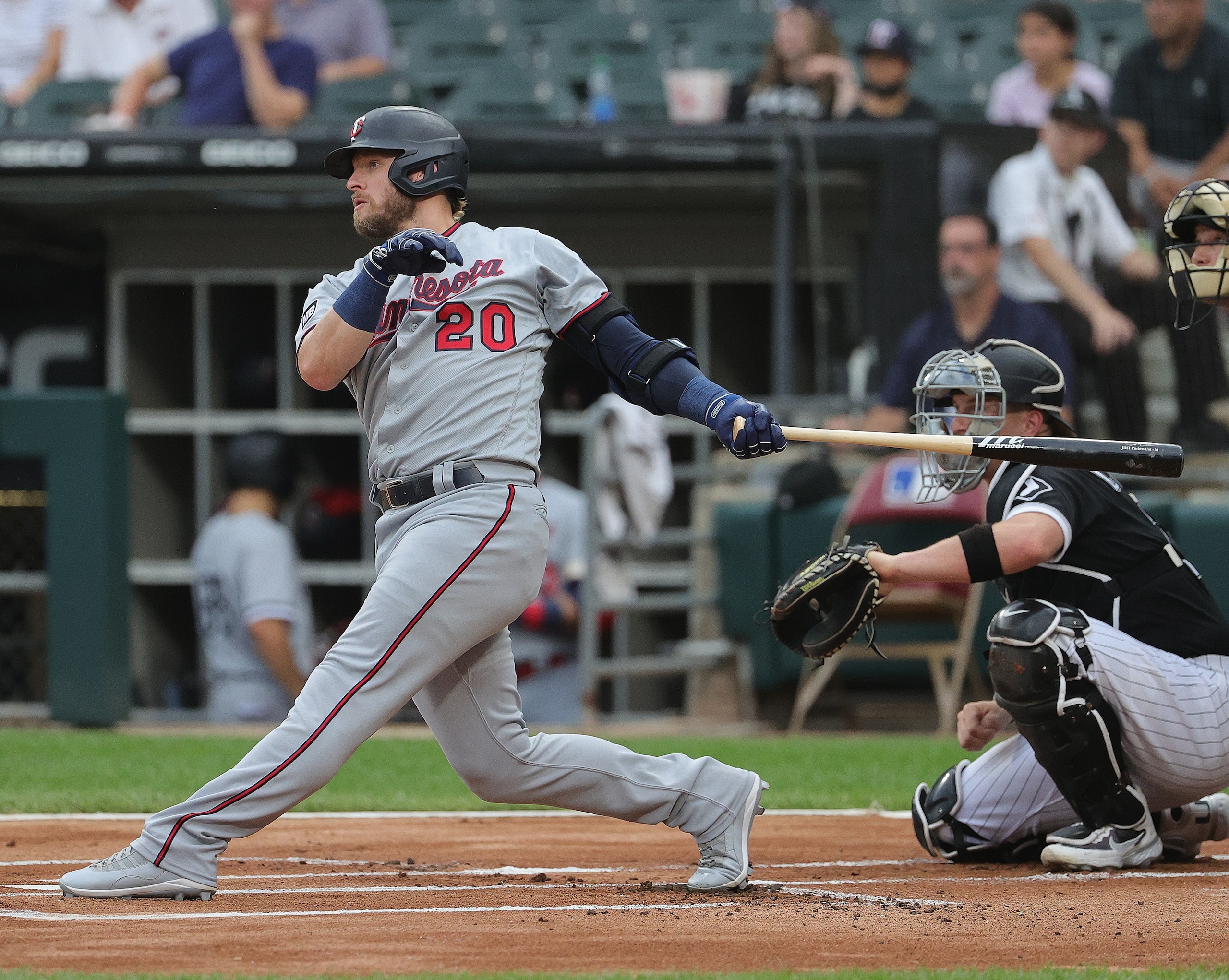 CHICAGO, ILLINOIS - JUNE 29: Josh Donaldson #20 of the Minnesota Twins hits a two run home run in the 1st inning against the Chicago White Sox at Guaranteed Rate Field on June 29, 2021 in Chicago, Illinois. (Photo by Jonathan Daniel/Getty Images)
