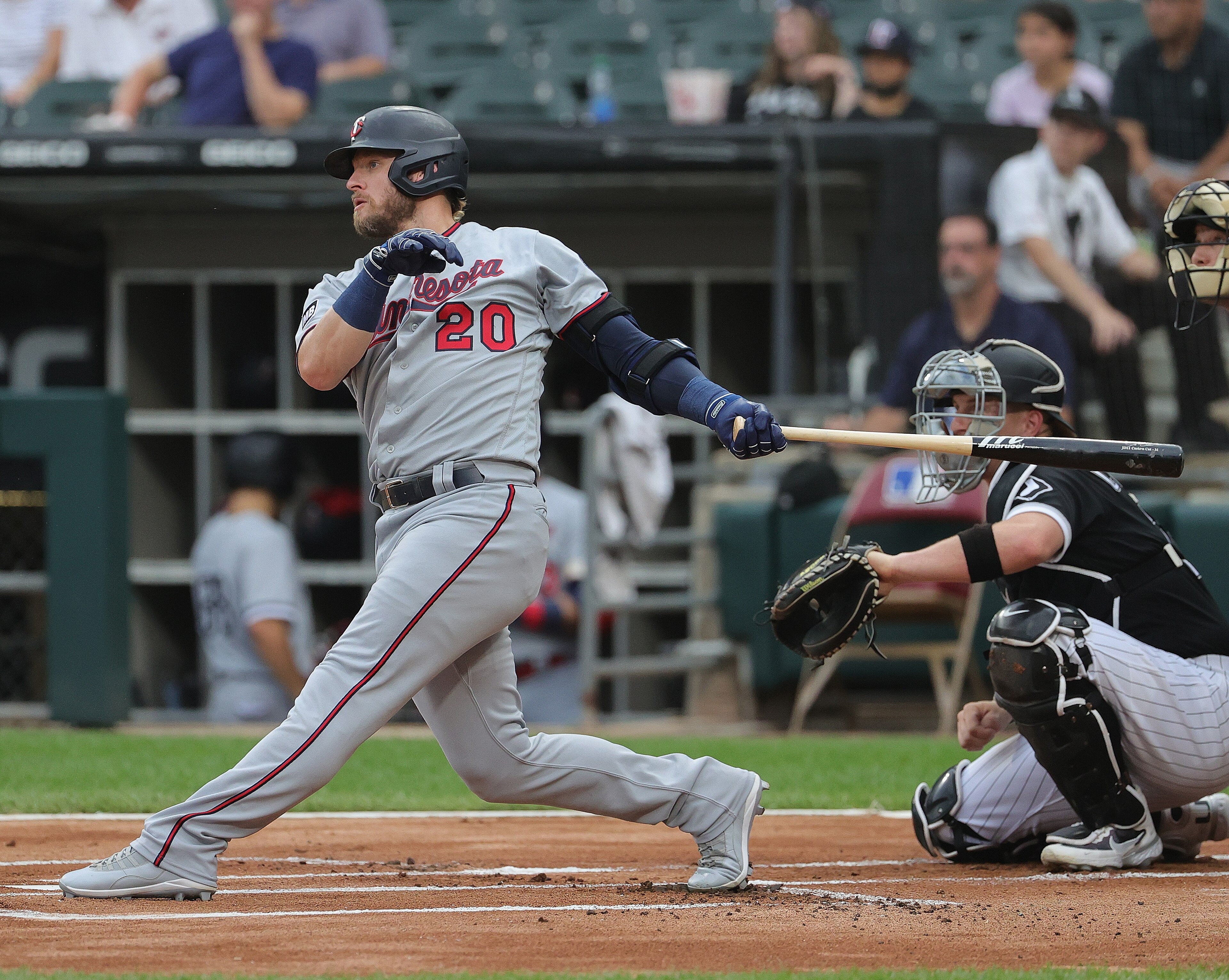 CHICAGO, ILLINOIS - JUNE 29: Josh Donaldson #20 of the Minnesota Twins hits a two run home run in the 1st inning against the Chicago White Sox at Guaranteed Rate Field on June 29, 2021 in Chicago, Illinois. (Photo by Jonathan Daniel/Getty Images)