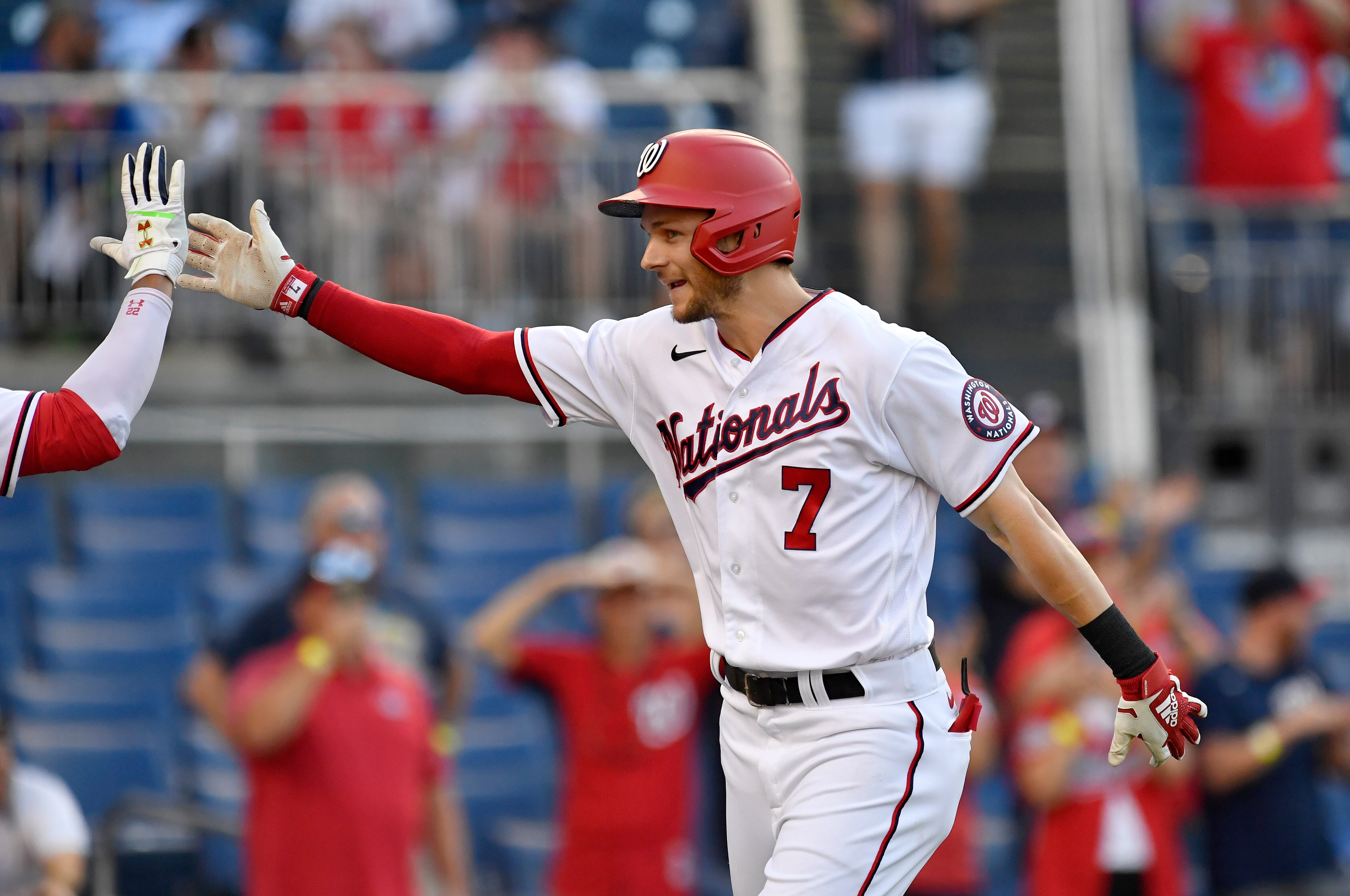 WASHINGTON, DC - JUNE 28: Washington Nationals shortstop Trea Turner (7) celebrates after his first inning home run during the New York Mets versus Washington Nationals MLB game at Nationals Park on June 28, 2021 in Washington, D.C.. (Photo by Randy Litzinger/Icon Sportswire via Getty Images)