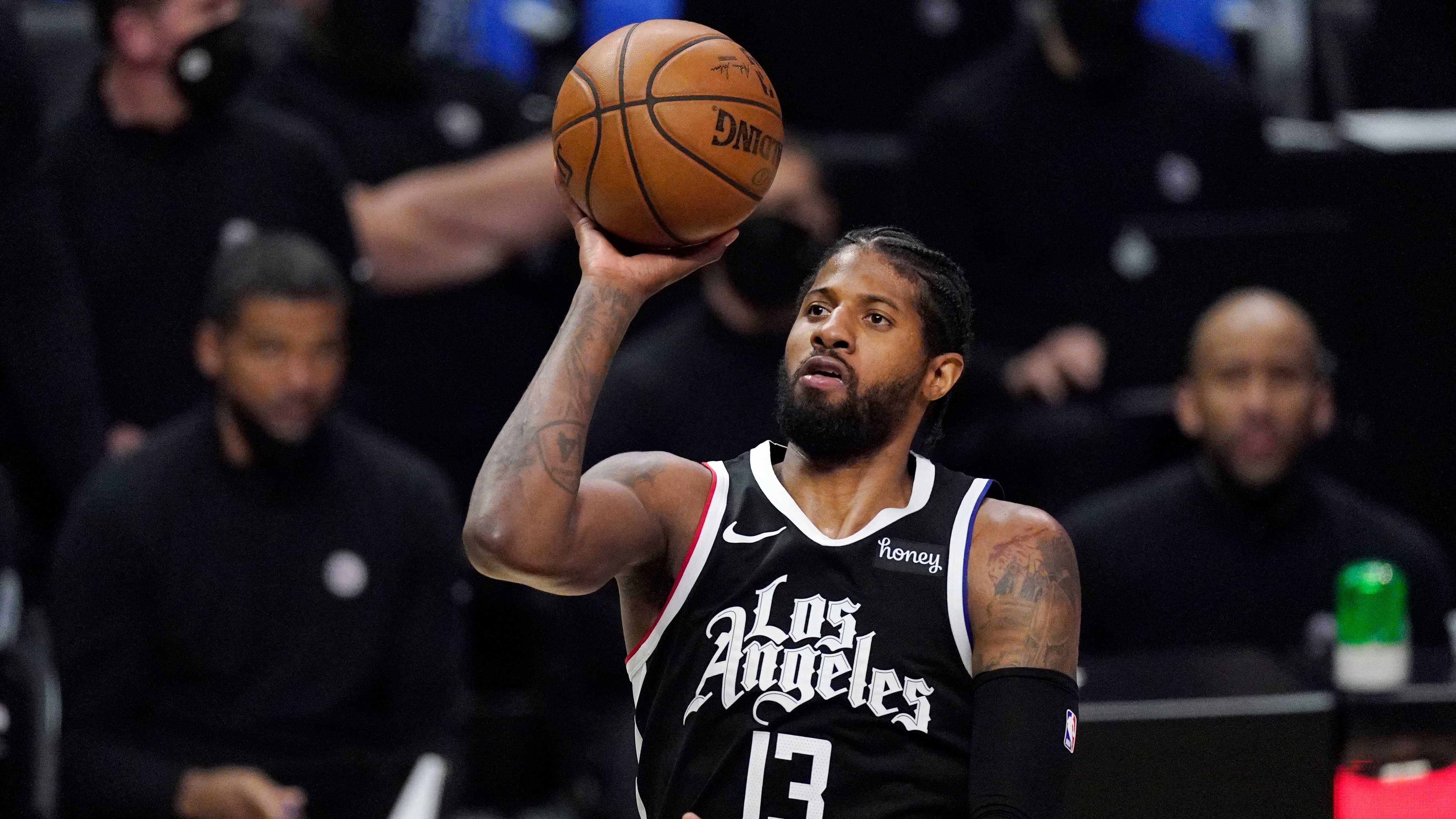 Los Angeles Clippers guard Paul George shoots during the second half in Game 6 of a second-round NBA basketball playoff series against the Utah Jazz Friday, June 18, 2021, in Los Angeles. (AP Photo/Mark J. Terrill)
