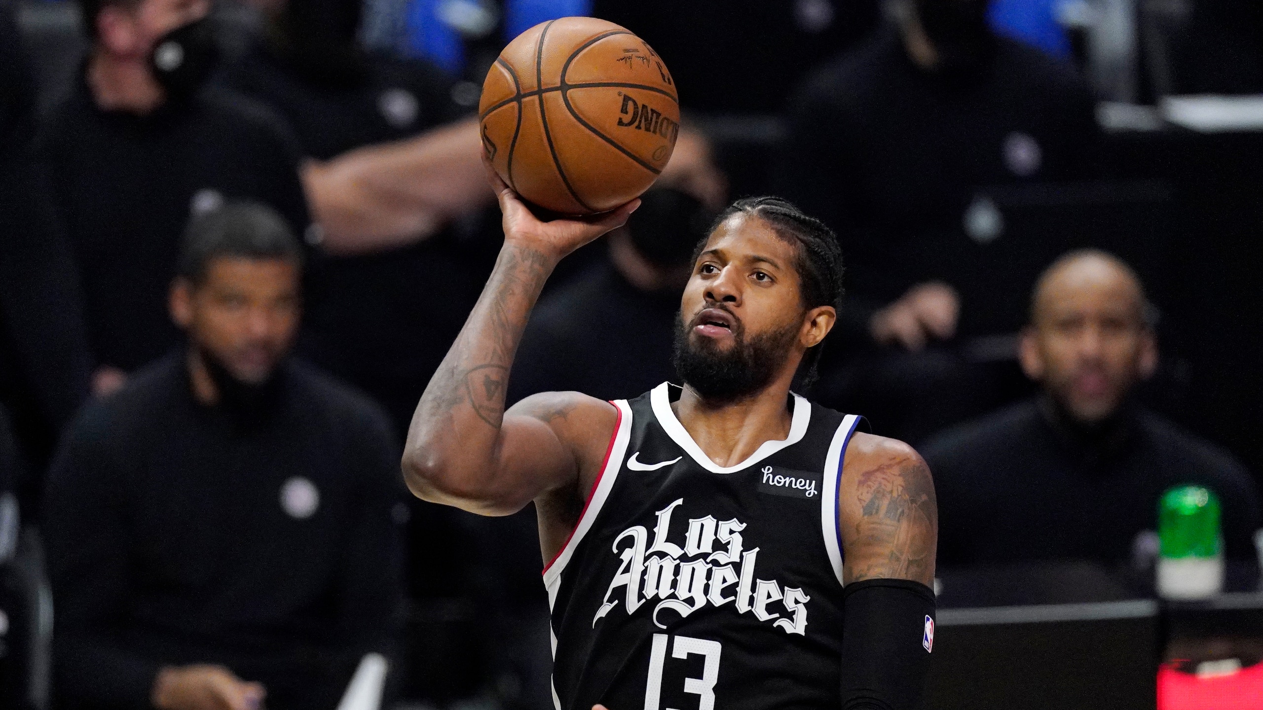 Los Angeles Clippers guard Paul George shoots during the second half in Game 6 of a second-round NBA basketball playoff series against the Utah Jazz Friday, June 18, 2021, in Los Angeles. (AP Photo/Mark J. Terrill)