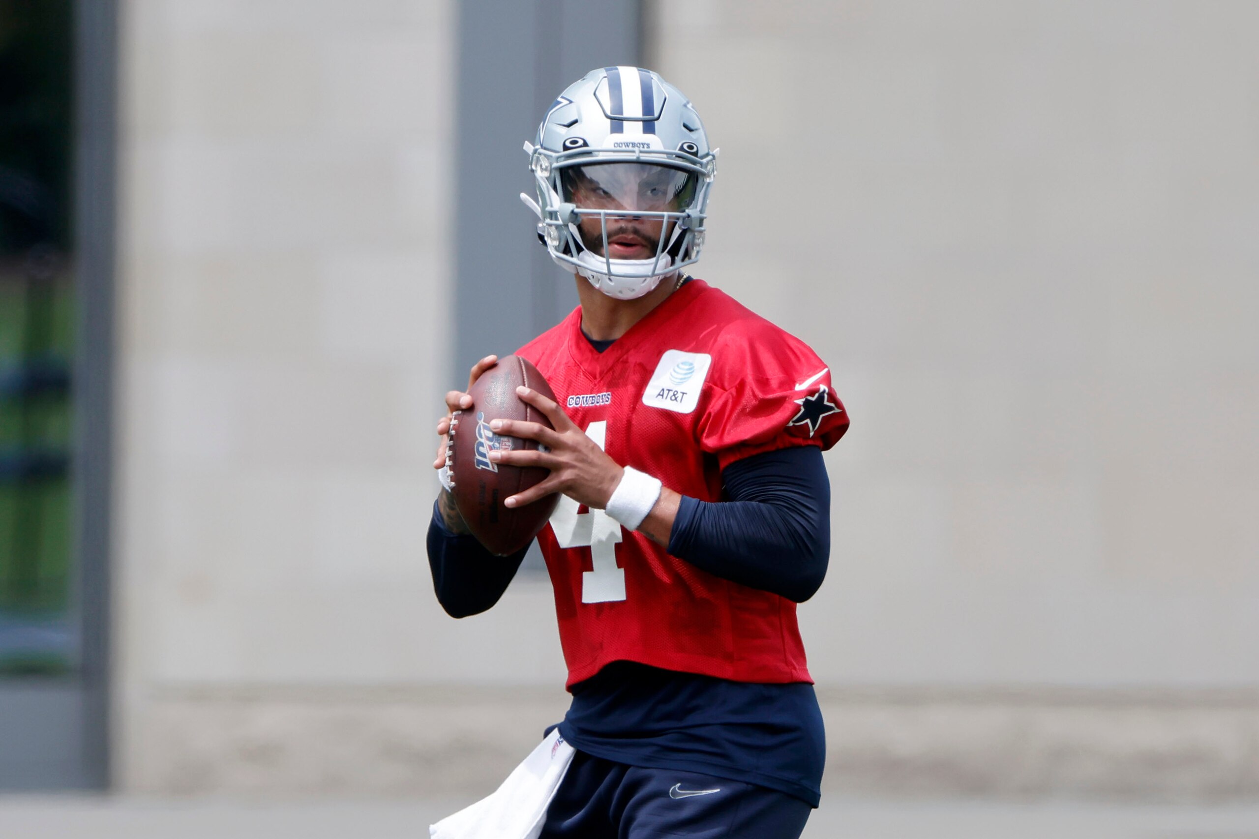 Dallas Cowboys quarterback Dak Prescott (4) throws during an NFL football in Frisco, Texas, Thursday, June 3, 2021. (AP Photo/Michael Ainsworth)