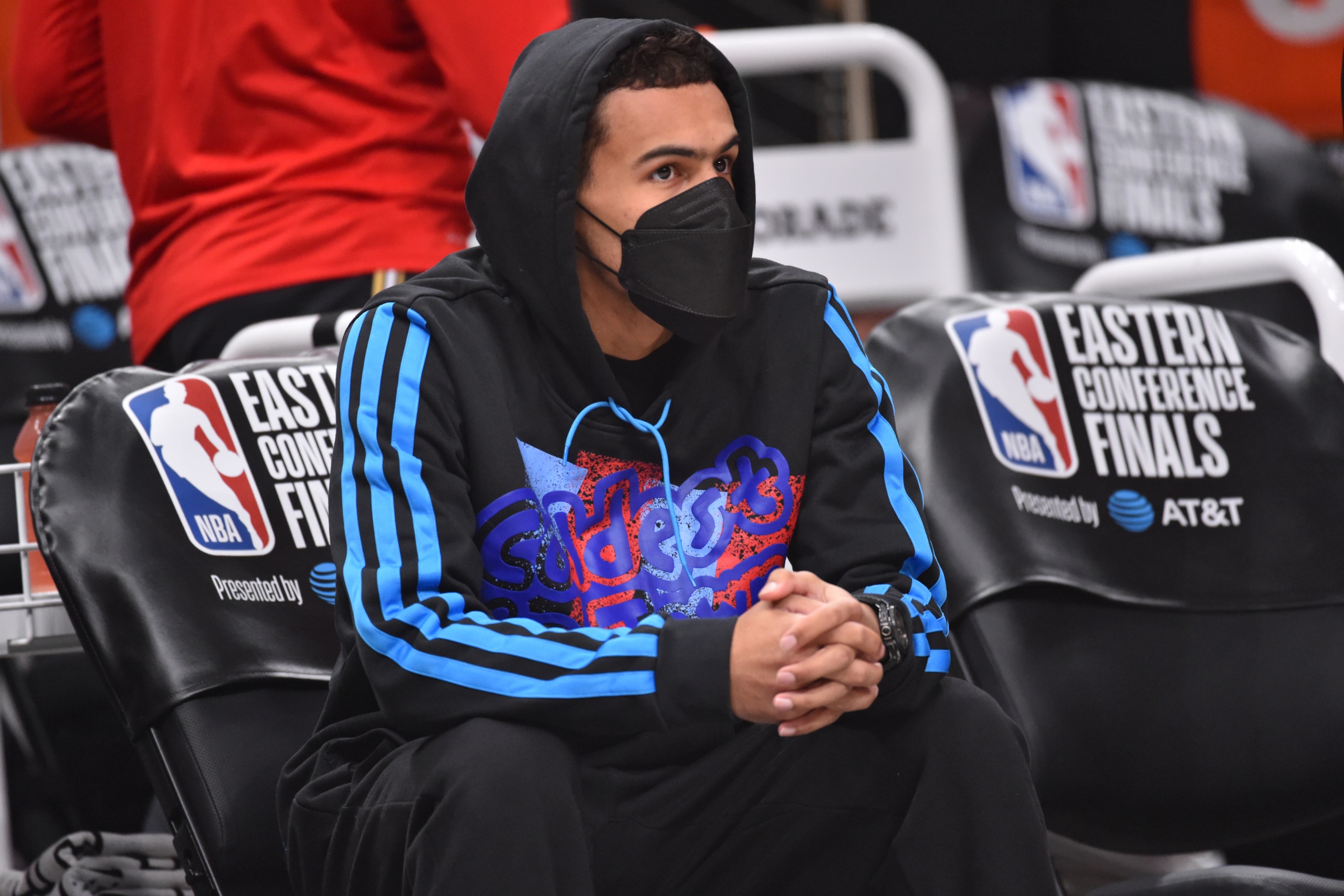 ATLANTA, GA - JUNE 29: Trae Young #11 of the Atlanta Hawks looks on during Game 4 of the Eastern Conference Finals of the 2021 NBA Playoffs on June 29, 2021 at State Farm Arena in Atlanta, Georgia. NOTE TO USER: User expressly acknowledges and agrees that, by downloading and/or using this Photograph, user is consenting to the terms and conditions of the Getty Images License Agreement. Mandatory Copyright Notice: Copyright 2021 NBAE (Photo by Jesse D. Garrabrant/NBAE via Getty Images)