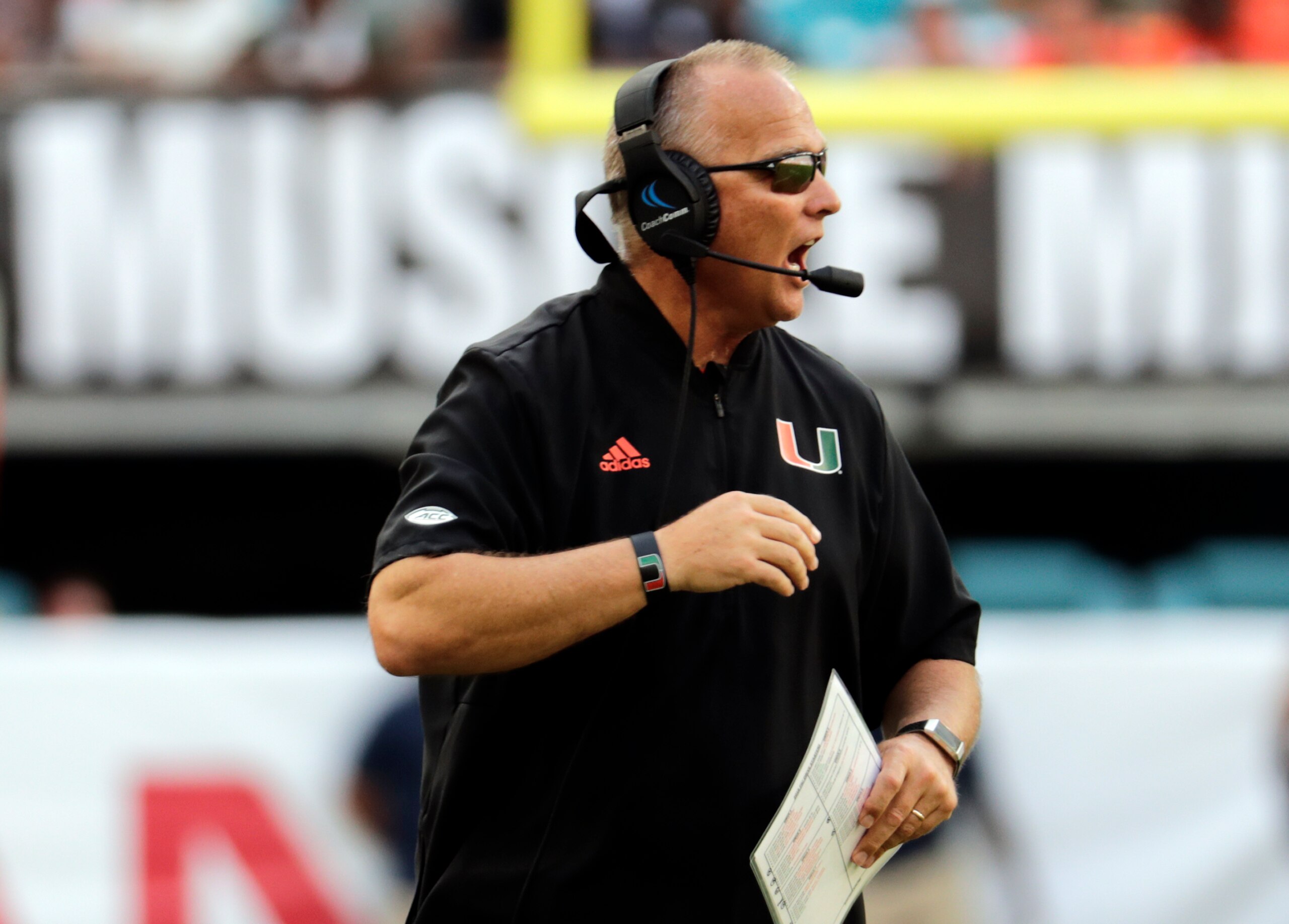 Miami head coach Mark Richt watches during the first half of an NCAA college football game against FIU, Saturday, Sept. 22, 2018, in Miami Gardens, Fla. (AP Photo/Lynne Sladky)
