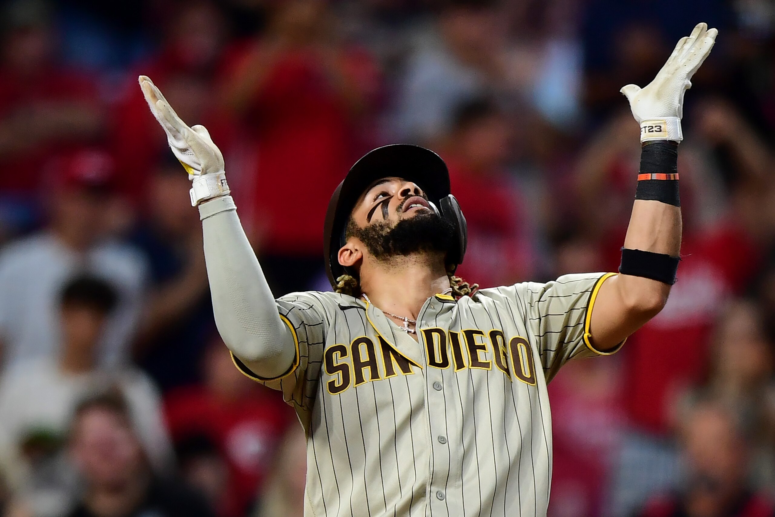 CINCINNATI, OHIO - JUNE 30: Fernando Tatis Jr. #23 of the San Diego Padres celebrates his solo home run in the third inning during their game against the Cincinnati Reds at Great American Ball Park on June 30, 2021 in Cincinnati, Ohio. (Photo by Emilee Chinn/Getty Images)