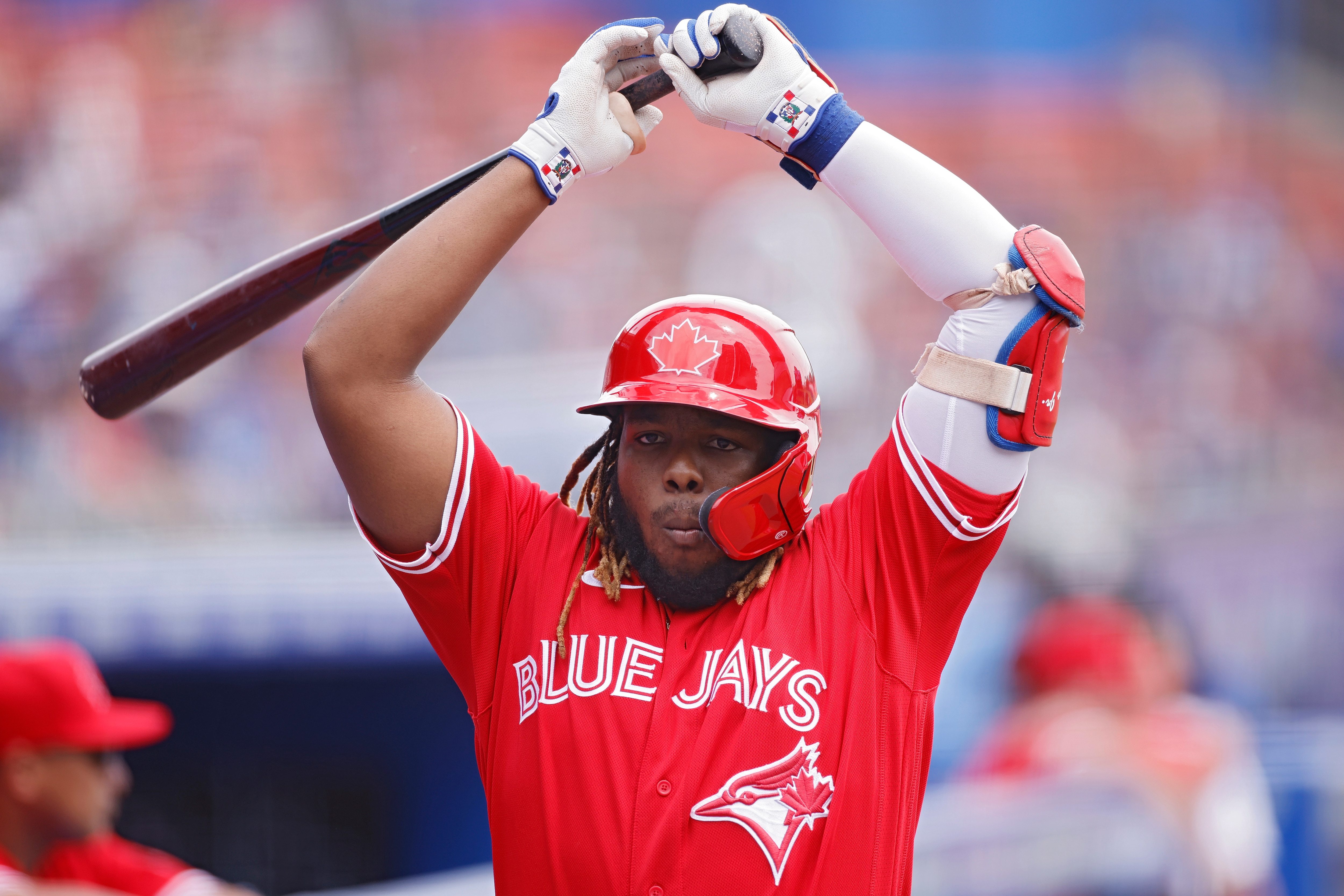 BUFFALO, NY - JULY 01: Toronto Blue Jays first baseman Vladimir Guerrero Jr. (27) gets ready to bat during the MLB game against the Seattle Mariners on July 1, 2021 at Sahlen Field in Buffalo, N.Y. (Photo by Joe Robbins/Icon Sportswire via Getty Images)