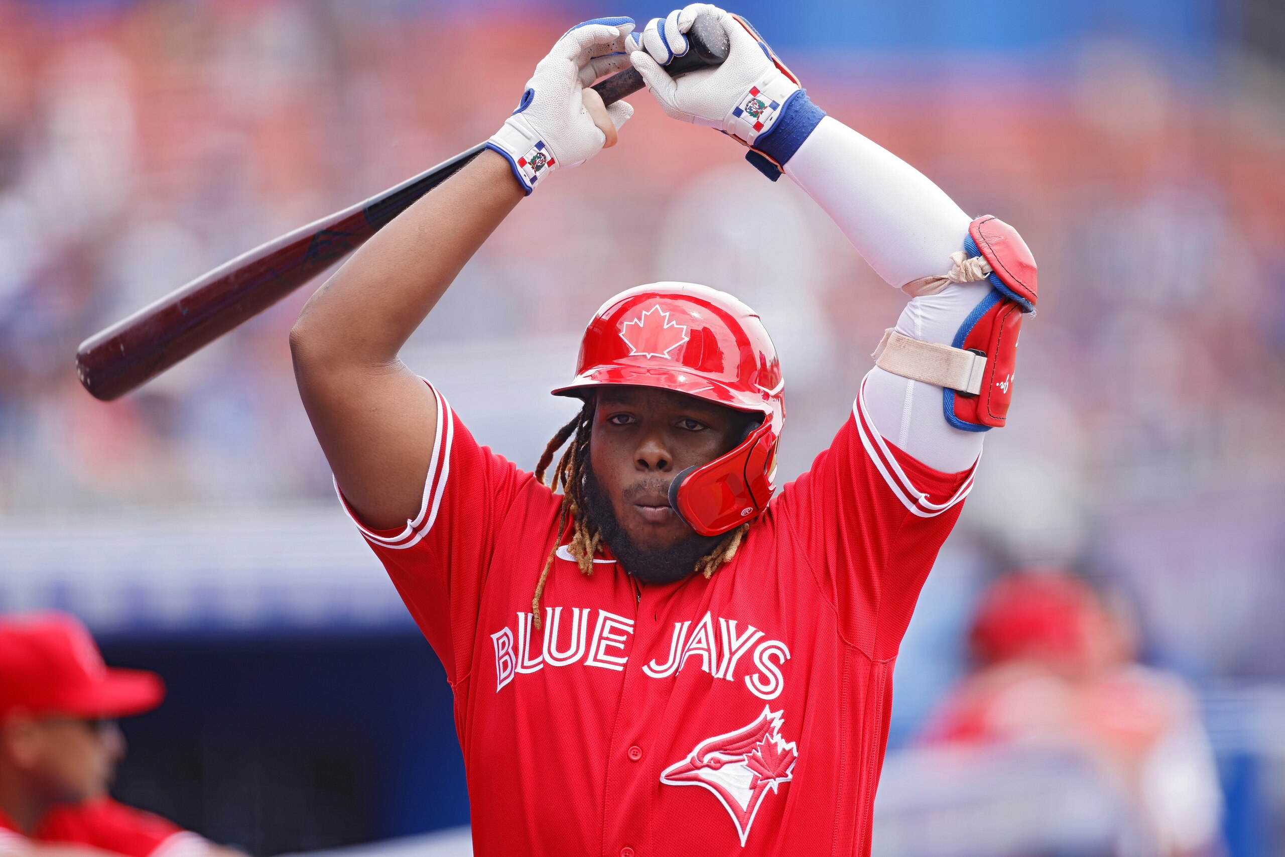 BUFFALO, NY - JULY 01: Toronto Blue Jays first baseman Vladimir Guerrero Jr. (27) gets ready to bat during the MLB game against the Seattle Mariners on July 1, 2021 at Sahlen Field in Buffalo, N.Y. (Photo by Joe Robbins/Icon Sportswire via Getty Images)