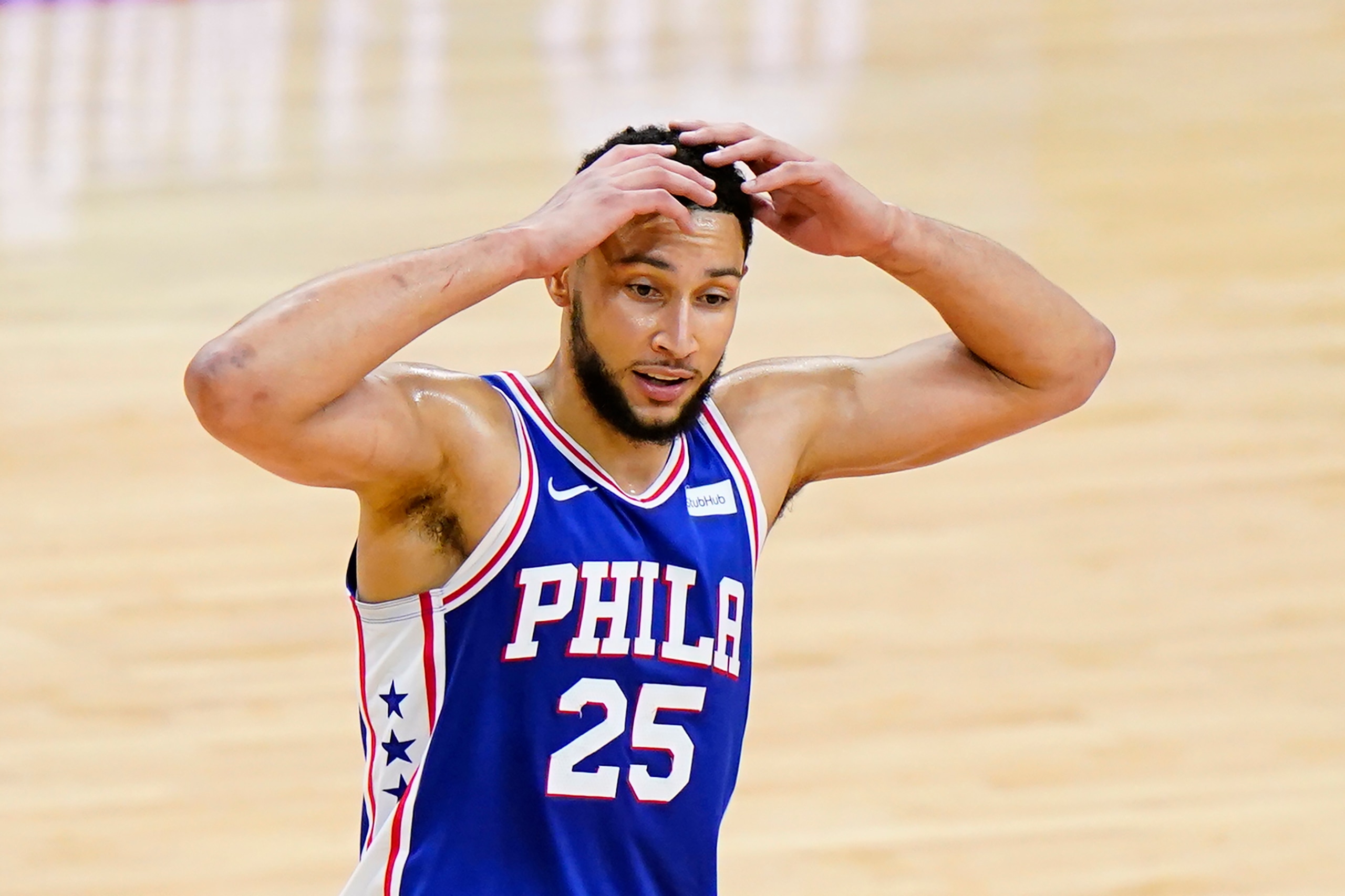 FILE - Philadelphia 76ers' Ben Simmons plays during Game 5 in a first-round NBA basketball playoff series against the Washington Wizards, in Philadelphia, in this Wednesday, June 2, 2021, file photo. Ben Simmons can't shoot and lost his confidence. He blamed a mental block on the worst free-throw shooting percentage in NBA playoff history. The 76ers head into the offseason faced with a big question - do they try and salvage Simmons or deal the former No. 1 pick. (AP Photo/Matt Slocum, File) FILE - Philadelphia 76ers' Ben Simmons plays during Game 5 in a first-round NBA basketball playoff series against the Washington Wizards, in Philadelphia, in this Wednesday, June 2, 2021, file photo. Ben Simmons can't shoot and lost his confidence. He blamed a mental block on the worst free-throw shooting percentage in NBA playoff history. The 76ers head into the offseason faced with a big question - do they try and salvage Simmons or deal the former No. 1 pick. (AP Photo/Matt Slocum, File)