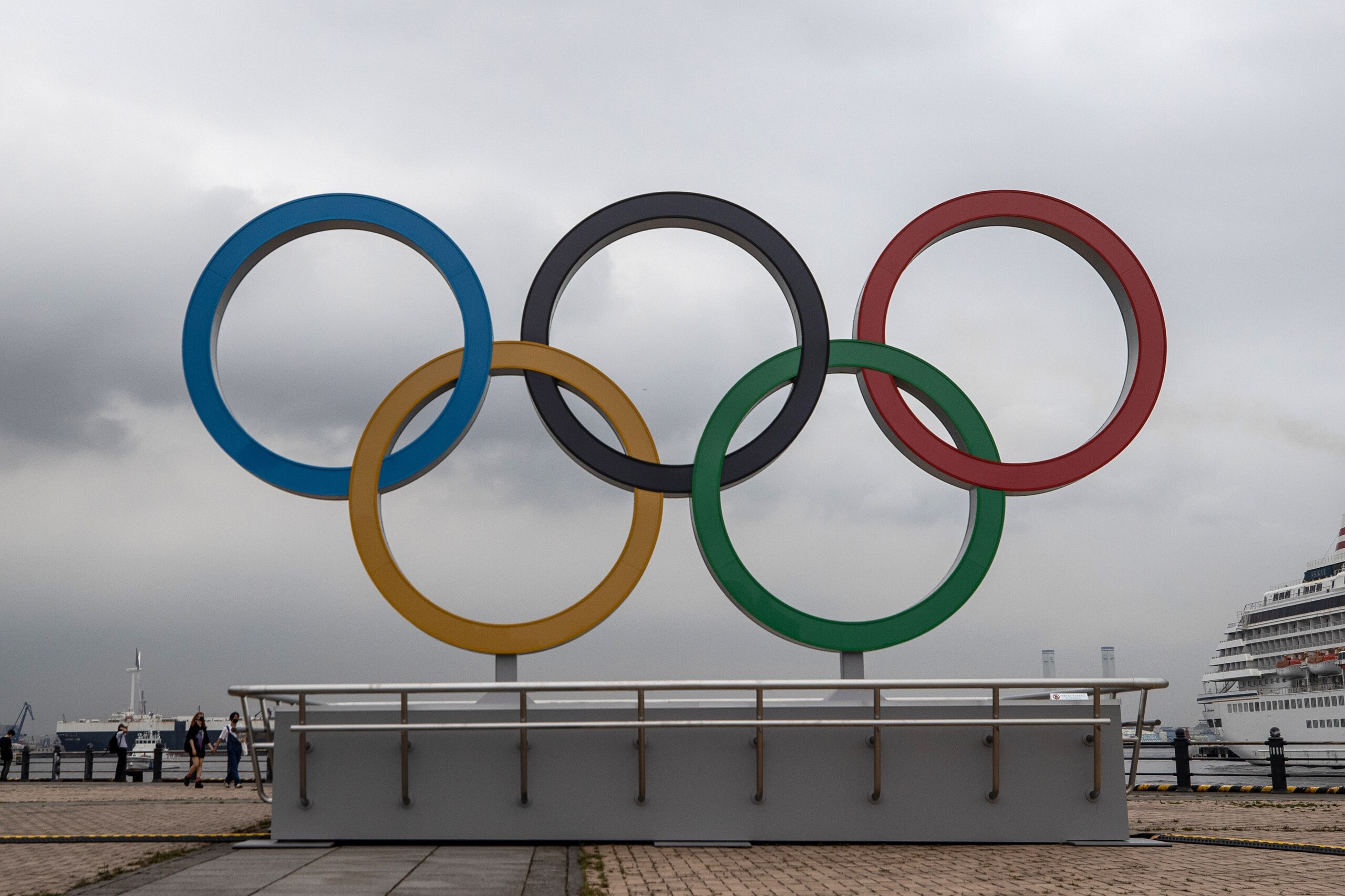 YOKOHAMA, JAPAN - JUNE 30: The Olympic Rings are displayed at Akarenga Park on June 30, 2021 in Yokohama, Japan. With less than one month to go before the start of the Tokyo Olympic Games, final preparations are being made to venues despite ongoing concern over the viability of holding the event during the global coronavirus pandemic. (Photo by Takashi Aoyama/Getty Images)