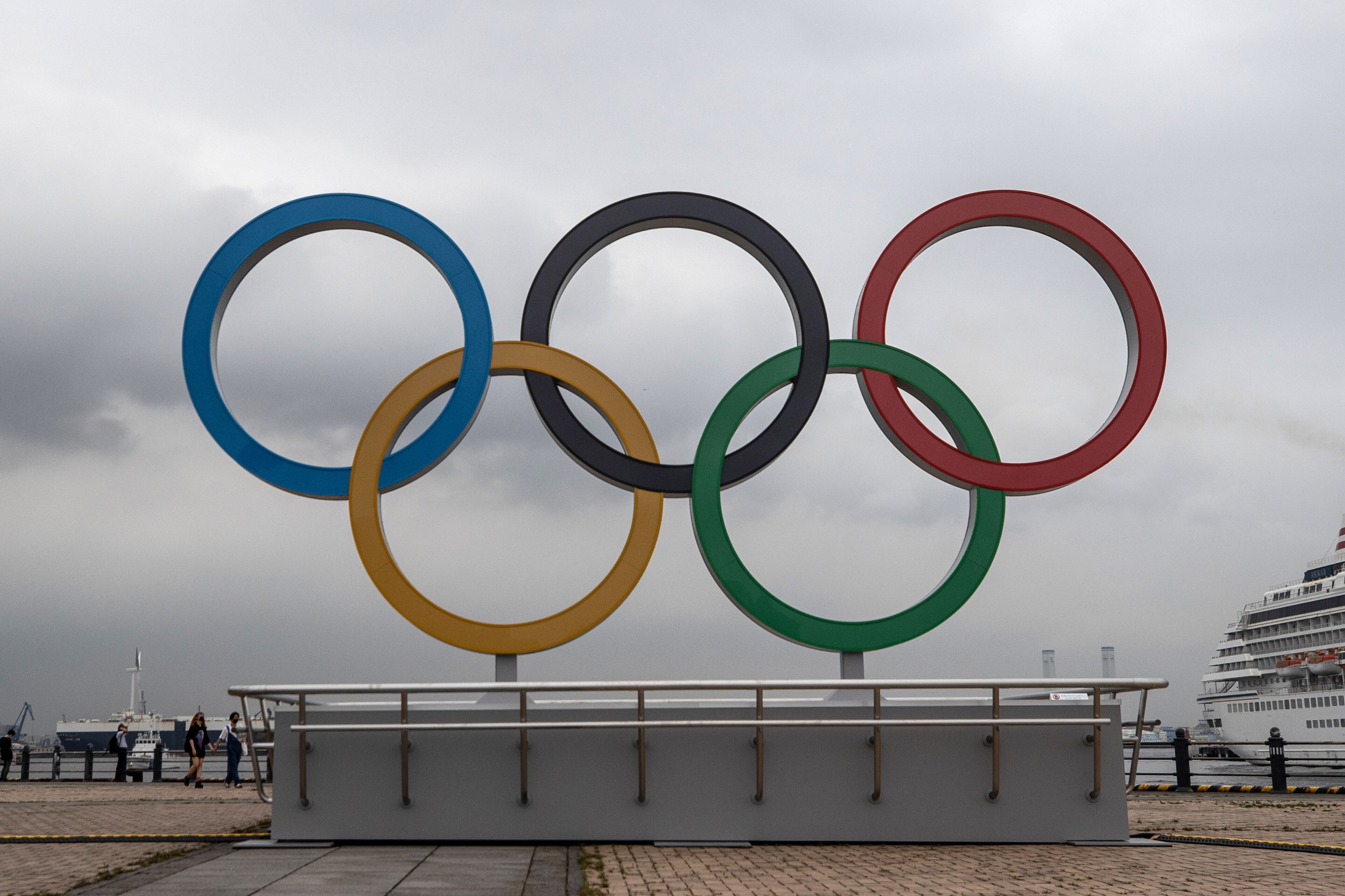 YOKOHAMA, JAPAN - JUNE 30: The Olympic Rings are displayed at Akarenga Park on June 30, 2021 in Yokohama, Japan. With less than one month to go before the start of the Tokyo Olympic Games, final preparations are being made to venues despite ongoing concern over the viability of holding the event during the global coronavirus pandemic. (Photo by Takashi Aoyama/Getty Images)