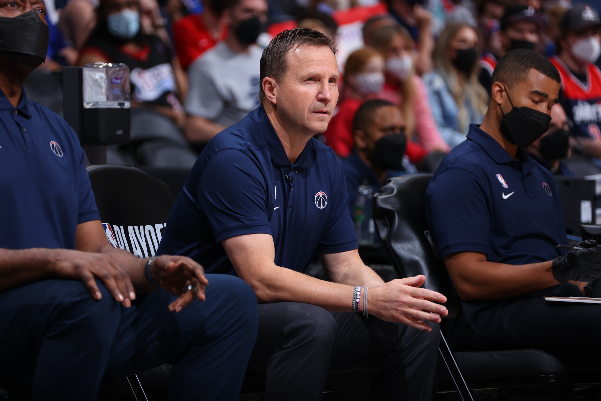 WASHINGTON, DC -  MAY 31: Head Coach Scott Brooks of the Washington Wizards looks on during Round 1, Game 4 of the 2021 NBA Playoffs on May 31, 2021 at Capital One Arena in Washington, DC. NOTE TO USER: User expressly acknowledges and agrees that, by downloading and or using this Photograph, user is consenting to the terms and conditions of the Getty Images License Agreement. Mandatory Copyright Notice: Copyright 2021 NBAE (Photo by Ned Dishman/NBAE via Getty Images)