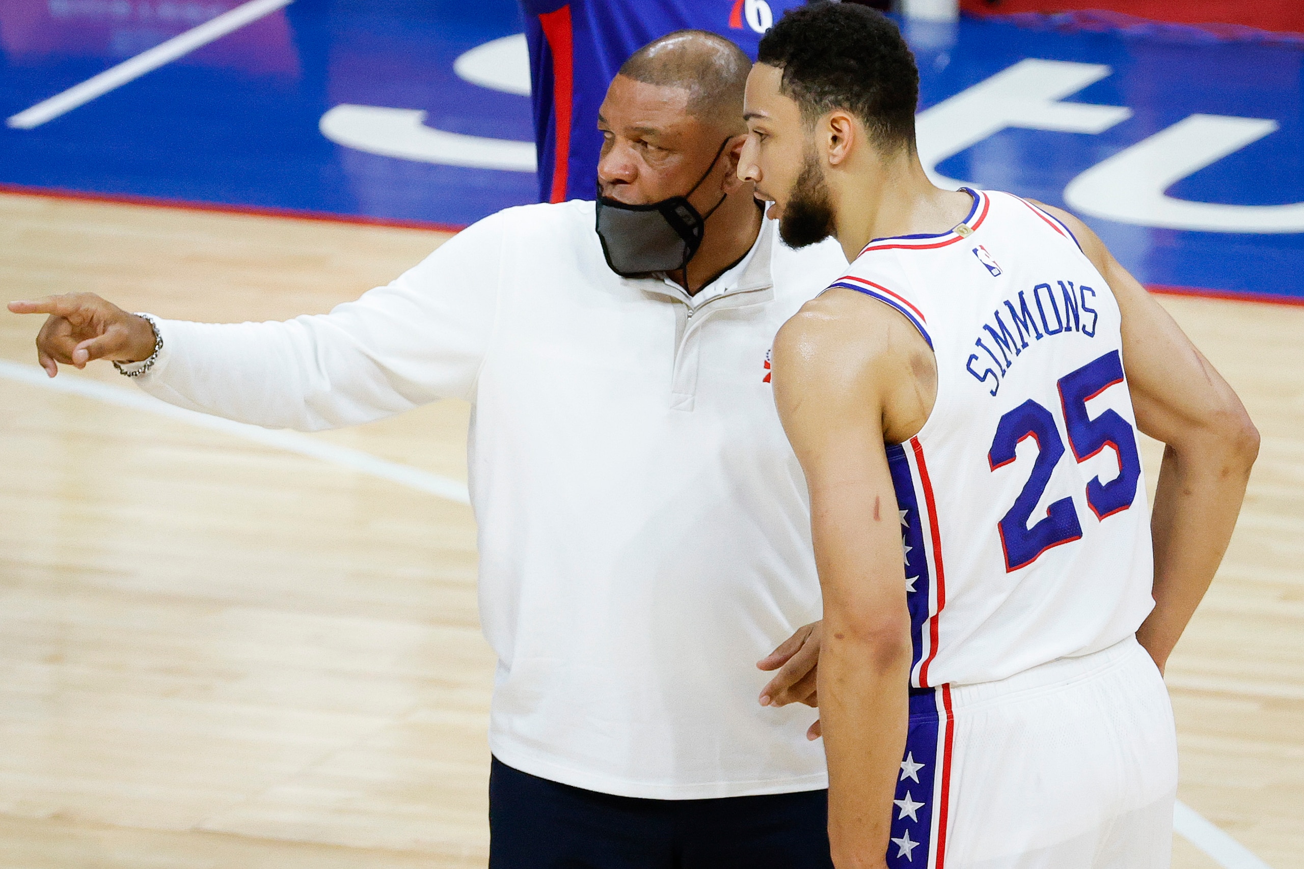 PHILADELPHIA, PENNSYLVANIA - APRIL 28: Head coach Doc Rivers of the Philadelphia 76ers speaks with Ben Simmons #25 during the first quarter against the Atlanta Hawks at Wells Fargo Center on April 28, 2021 in Philadelphia, Pennsylvania. NOTE TO USER: User expressly acknowledges and agrees that, by downloading and or using this photograph, User is consenting to the terms and conditions of the Getty Images License Agreement. (Photo by Tim Nwachukwu/Getty Images) PHILADELPHIA, PENNSYLVANIA - APRIL 28: Head coach Doc Rivers of the Philadelphia 76ers speaks with Ben Simmons #25 during the first quarter against the Atlanta Hawks at Wells Fargo Center on April 28, 2021 in Philadelphia, Pennsylvania. NOTE TO USER: User expressly acknowledges and agrees that, by downloading and or using this photograph, User is consenting to the terms and conditions of the Getty Images License Agreement. (Photo by Tim Nwachukwu/Getty Images)