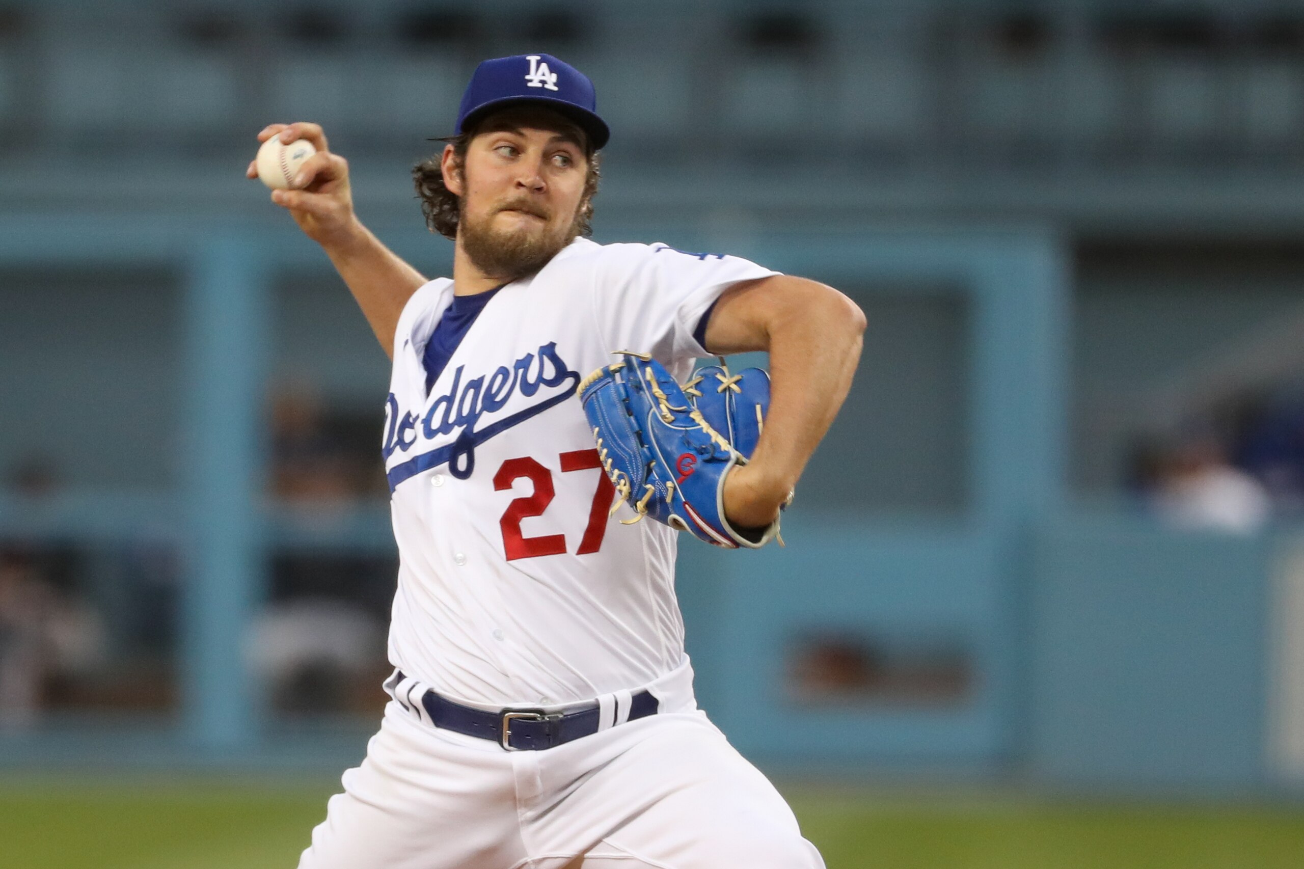 LOS ANGELES, CA - JUNE 28: Los Angeles Dodgers Starting pitcher Trevor Bauer (27) pitches during the MLB game between the San Francisco Giants and the Los Angeles Dodgers on June 28, 2021, at Dodger Stadium in Los Angeles, CA. (Photo by Kiyoshi Mio/Icon Sportswire via Getty Images) LOS ANGELES, CA - JUNE 28: Los Angeles Dodgers Starting pitcher Trevor Bauer (27) pitches during the MLB game between the San Francisco Giants and the Los Angeles Dodgers on June 28, 2021, at Dodger Stadium in Los Angeles, CA. (Photo by Kiyoshi Mio/Icon Sportswire via Getty Images)