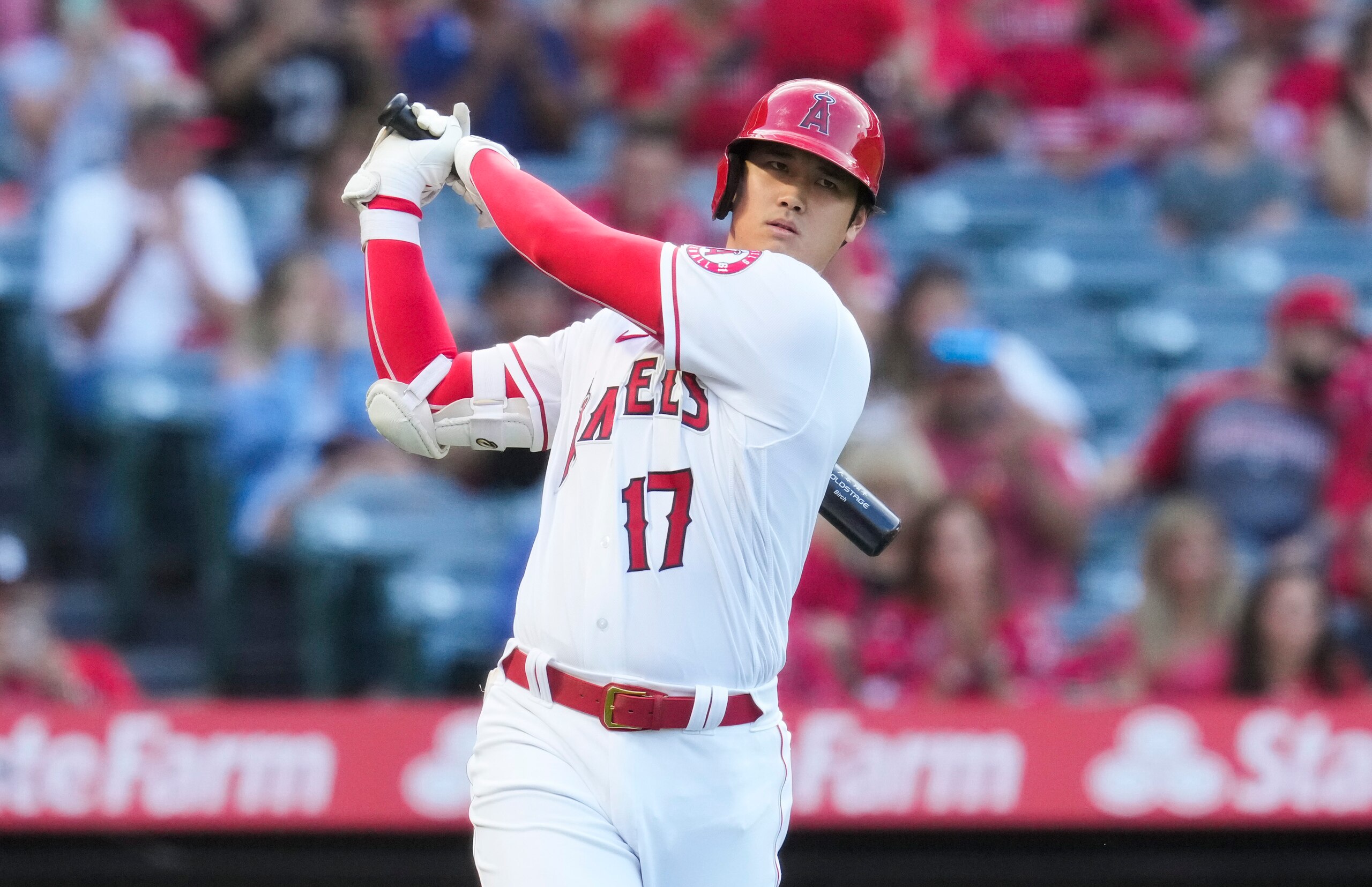 Los Angeles Angels designated hitter Shohei Ohtani (17) warms up before stepping up to bat during the first inning of a baseball game against the Baltimore Orioles Friday, July 2, 2021, in Anaheim. (AP Photo/Ashley Landis)