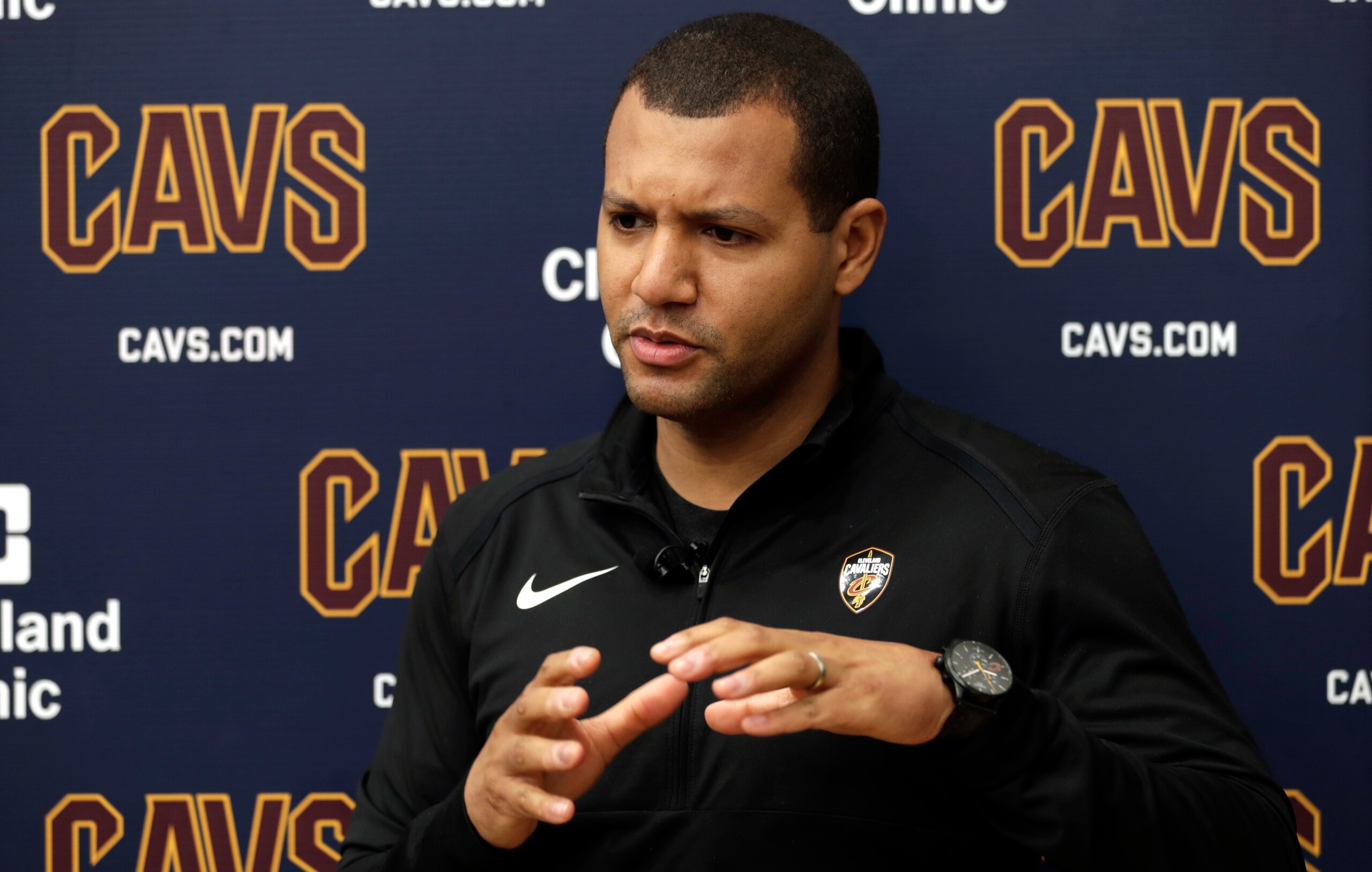 FILE - In this April 12, 2019, file photo, Cleveland Cavaliers general manager Koby Altman speaks to the media at the NBA basketball team's training facility in Independence, Ohio. Altman has signed a multi-year contract extension with the club. Details of the deal were not immediately available Friday, Nov. 1, 2019. (AP Photo/Tony Dejak, File)