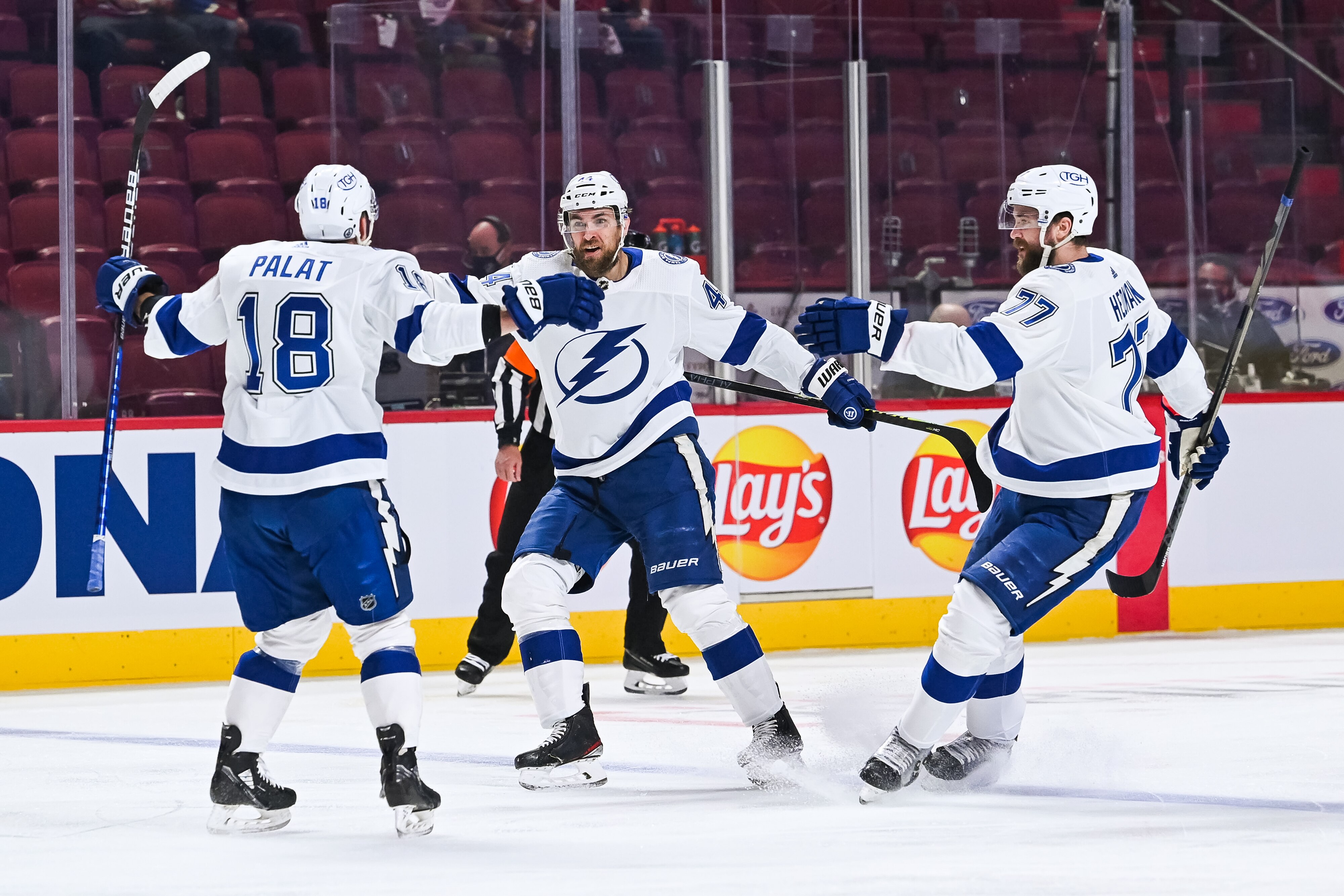 MONTREAL, QC - JULY 02: Tampa Bay Lightning defenceman Jan Rutta (44) celebrates his goal with his teammates during the NHL Stanley Cup Playoffs Final game 3 between the Tampa Bay Lightning versus the Montreal Canadiens on July 02, 2021, at Bell Centre in Montreal, QC (Photo by David Kirouac/Icon Sportswire via Getty Images)