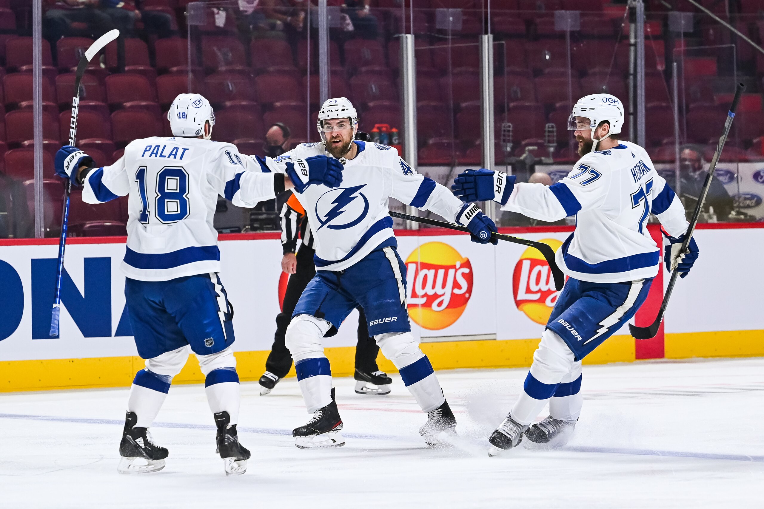 MONTREAL, QC - JULY 02: Tampa Bay Lightning defenceman Jan Rutta (44) celebrates his goal with his teammates during the NHL Stanley Cup Playoffs Final game 3 between the Tampa Bay Lightning versus the Montreal Canadiens on July 02, 2021, at Bell Centre in Montreal, QC (Photo by David Kirouac/Icon Sportswire via Getty Images)