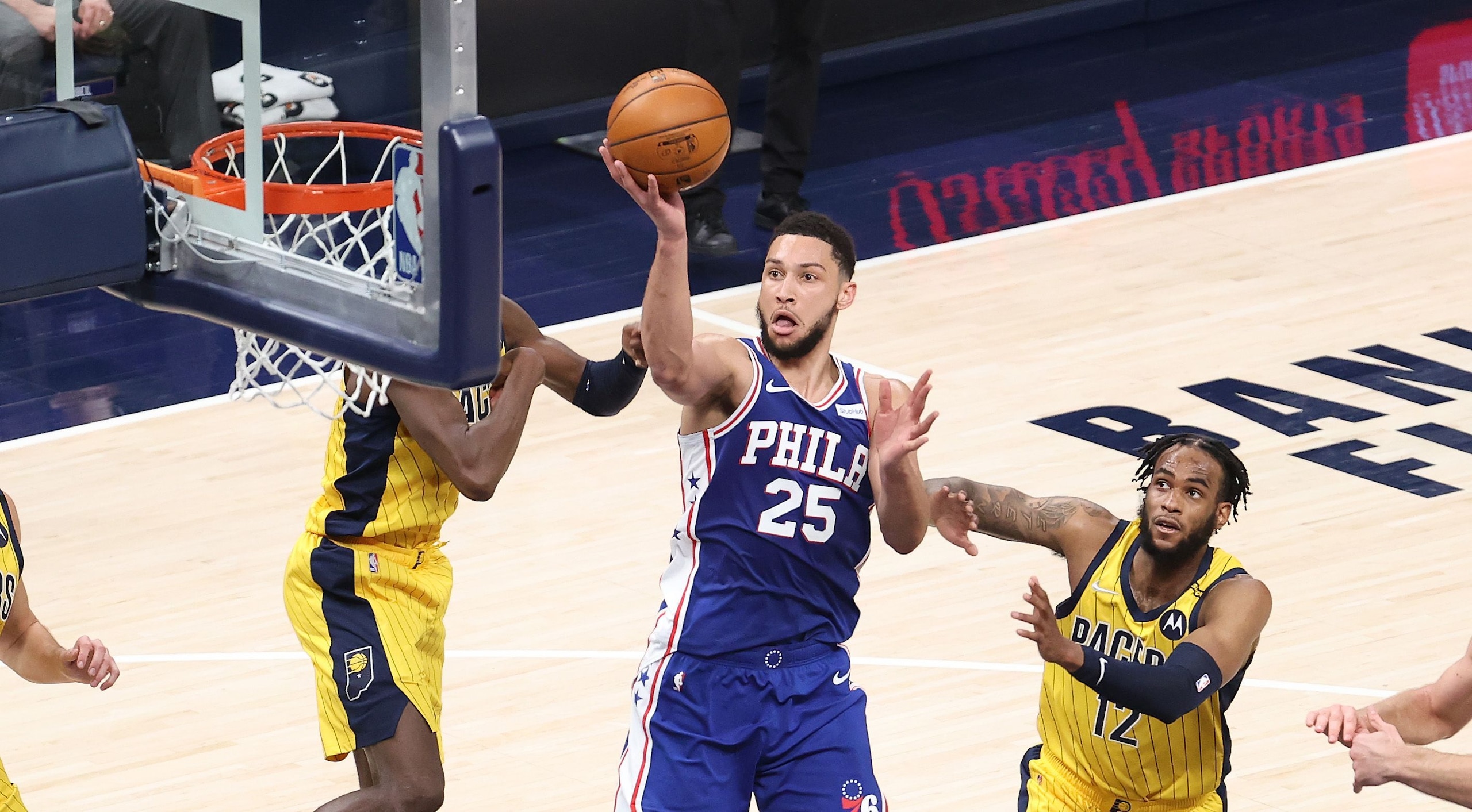 INDIANAPOLIS, INDIANA - MAY 11:   	Ben Simmons #25 of the Philadelphia 76ers shoots the ball against the Indiana Pacers at Bankers Life Fieldhouse on May 11, 2021 in Indianapolis, Indiana.    NOTE TO USER: User expressly acknowledges and agrees that, by downloading and or using this Photograph, user is consenting to the terms and conditions of the Getty Images License Agreement.
 (Photo by Andy Lyons/Getty Images)