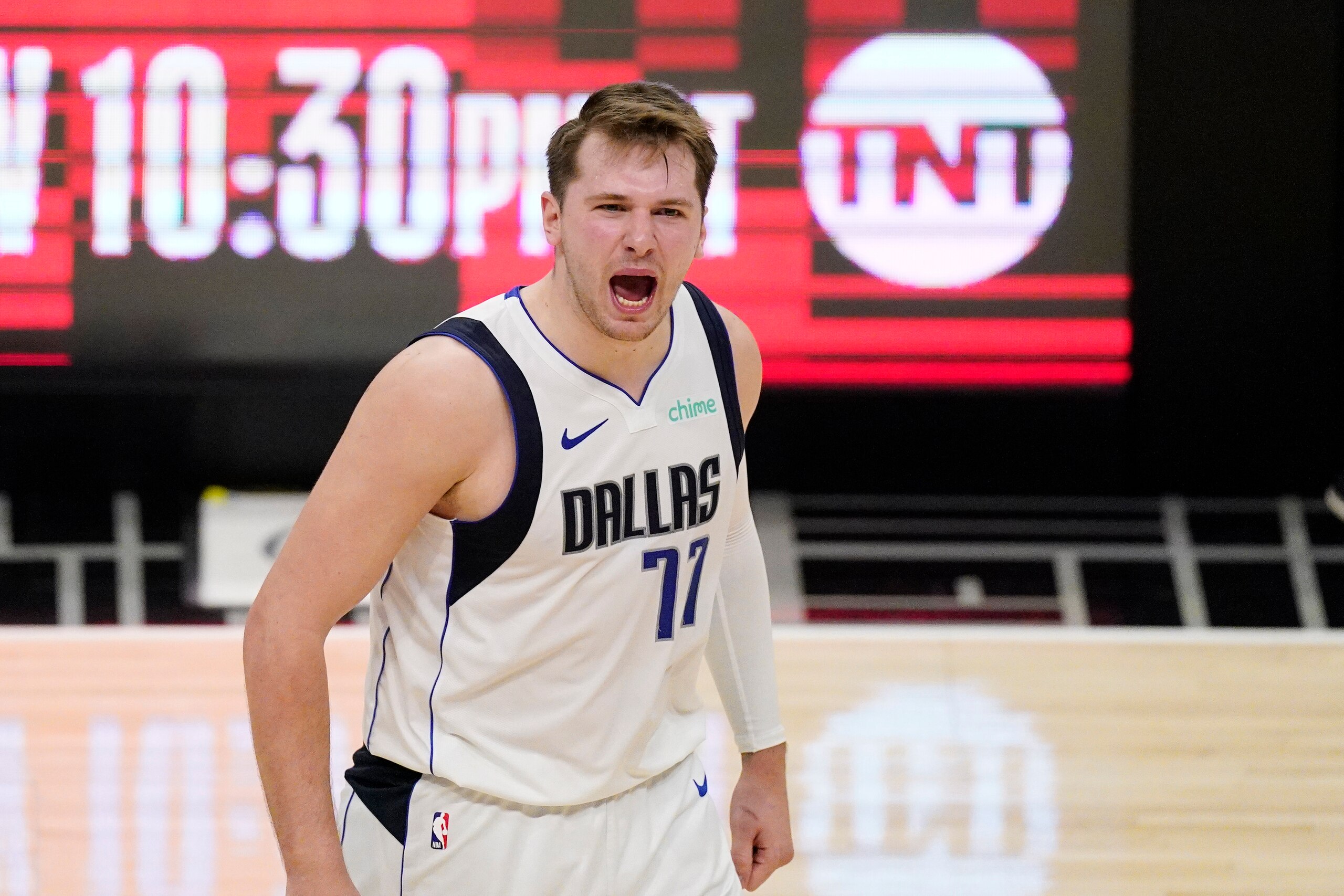 Dallas Mavericks guard Luka Doncic celebrates after they scored during the second half in Game 5 of an NBA basketball first-round playoff series against the Los Angeles Clippers Wednesday, June 2, 2021, in Los Angeles. (AP Photo/Mark J. Terrill) Dallas Mavericks guard Luka Doncic celebrates after they scored during the second half in Game 5 of an NBA basketball first-round playoff series against the Los Angeles Clippers Wednesday, June 2, 2021, in Los Angeles. (AP Photo/Mark J. Terrill)