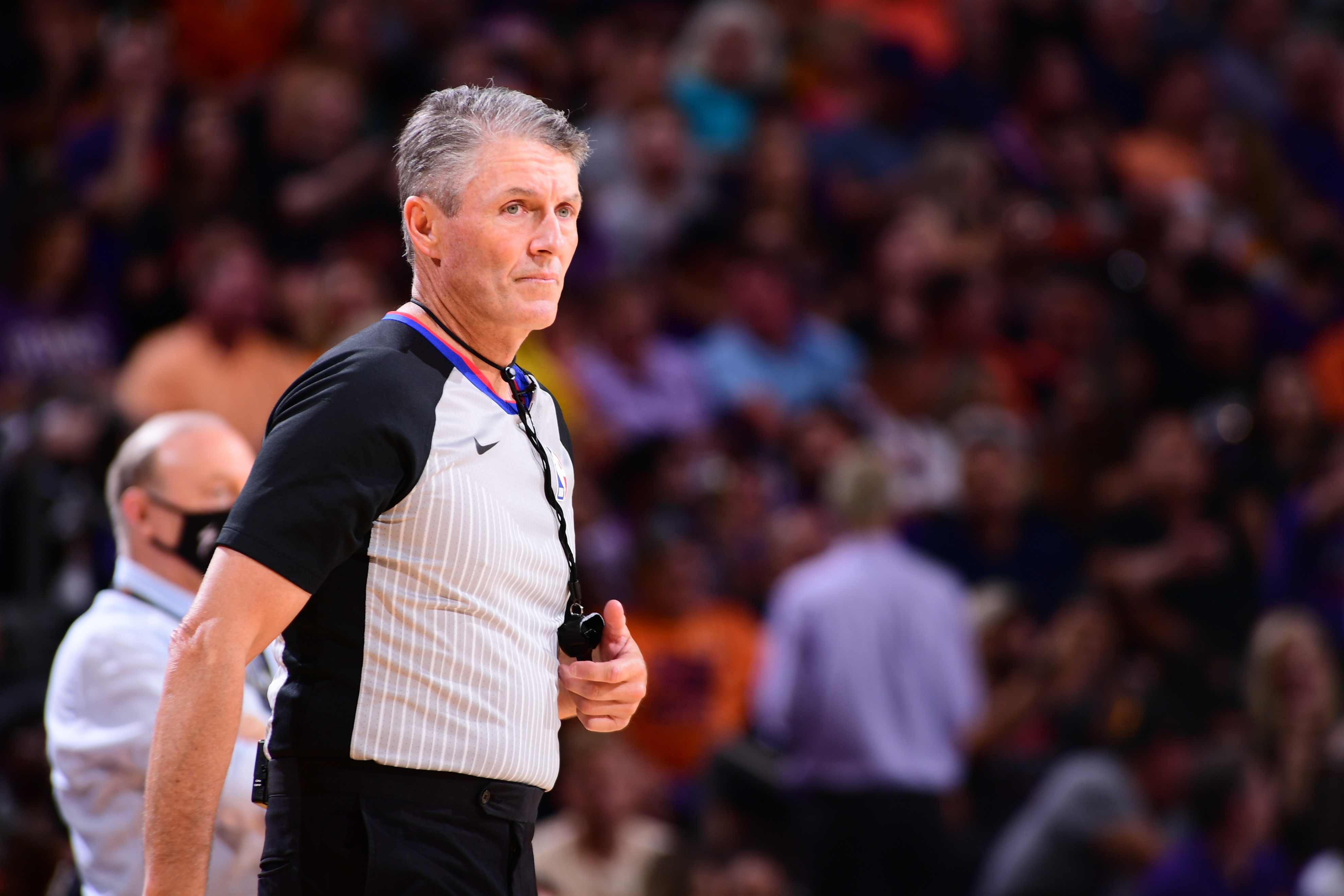 PHOENIX, AZ - JUNE 22: referee Scott Foster #48 looks on during the game between the LA Clippers and Phoenix Suns during Game 2 of the Western Conference Finals of the 2021 NBA Playoffs on June 22, 2021 at Phoenix Suns Arena in Phoenix, Arizona. NOTE TO USER: User expressly acknowledges and agrees that, by downloading and or using this photograph, user is consenting to the terms and conditions of the Getty Images License Agreement. Mandatory Copyright Notice: Copyright 2021 NBAE (Photo by Michael Gonzales/NBAE via Getty Images)