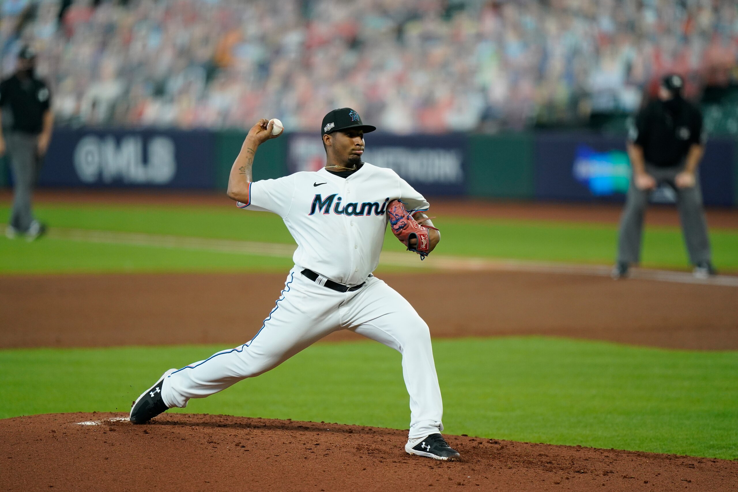 Miami Marlins starting pitcher Sixto Sanchez throws during the second inning in Game 3 of a baseball National League Division Series against the Atlanta Braves, Thursday, Oct. 8, 2020, in Houston. (AP Photo/David J. Phillip)