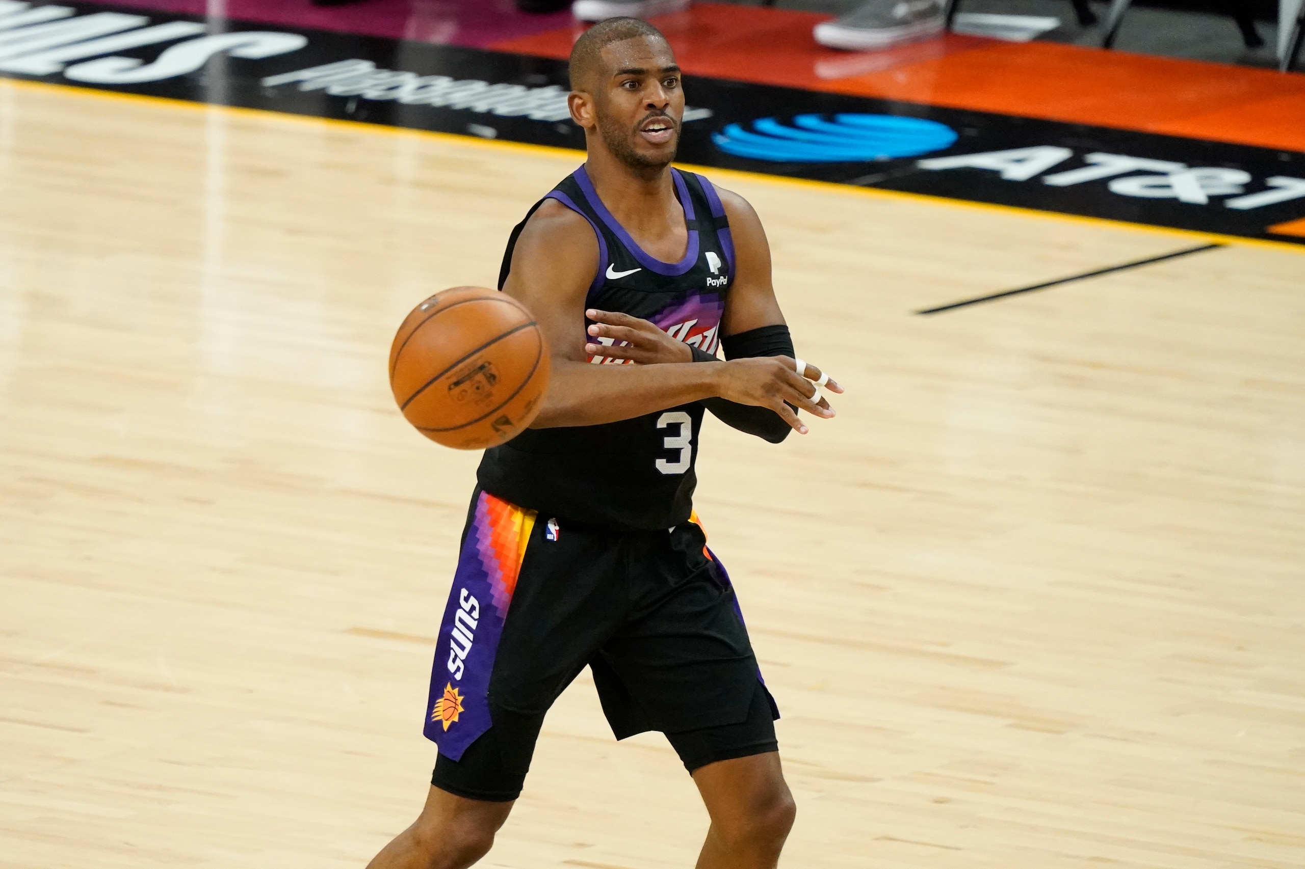 Phoenix Suns guard Chris Paul (3) against the Los Angeles Clippers during the first half of game 5 of the NBA basketball Western Conference Finals, Monday, June 28, 2021, in Phoenix. (AP Photo/Matt York)