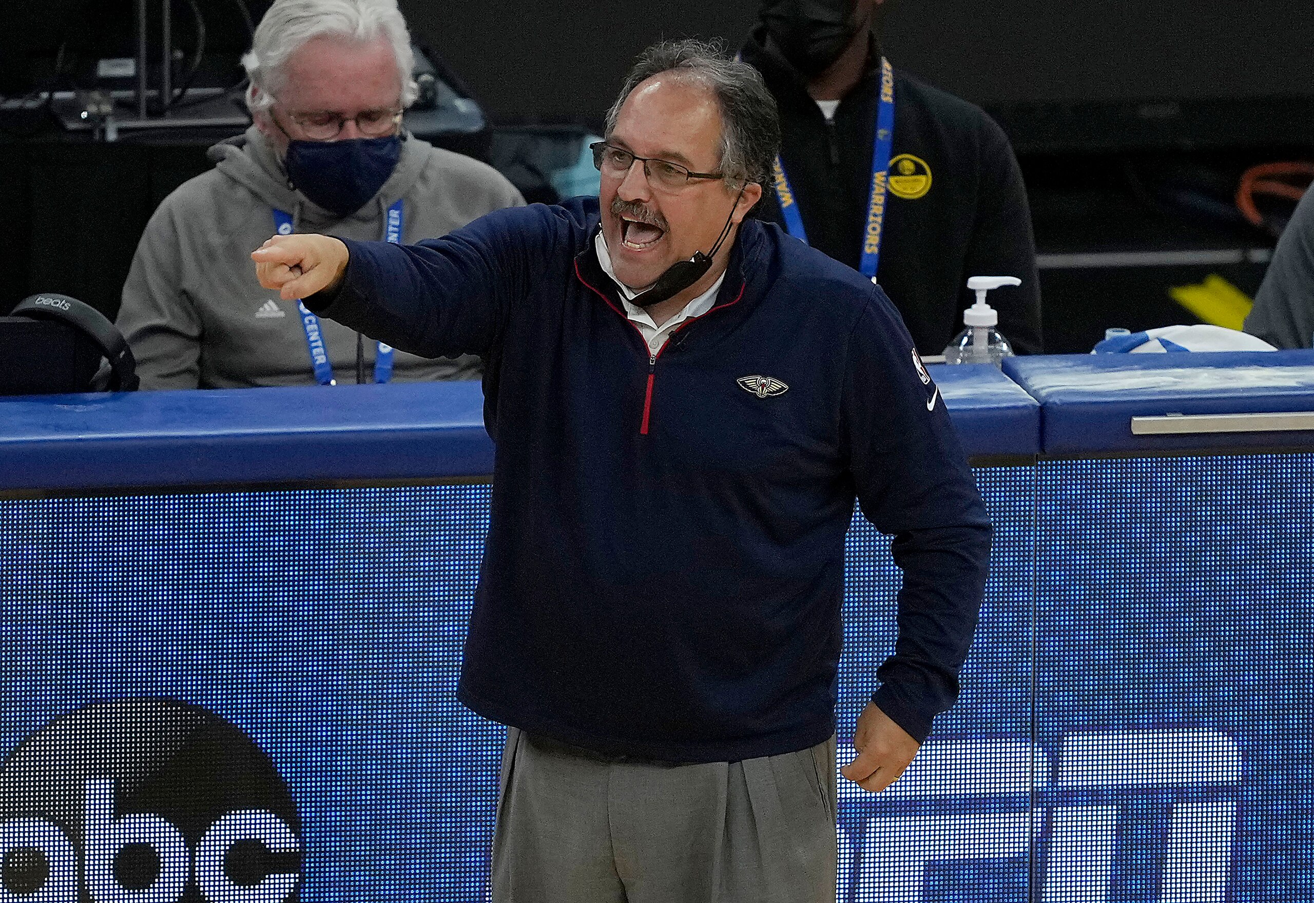 New Orleans Pelicans coach Stan Van Gundy yells to his players during the first half against the Golden State Warriors in an NBA basketball game on Friday, May 14, 2021, in San Francisco. (AP Photo/Tony Avelar)
