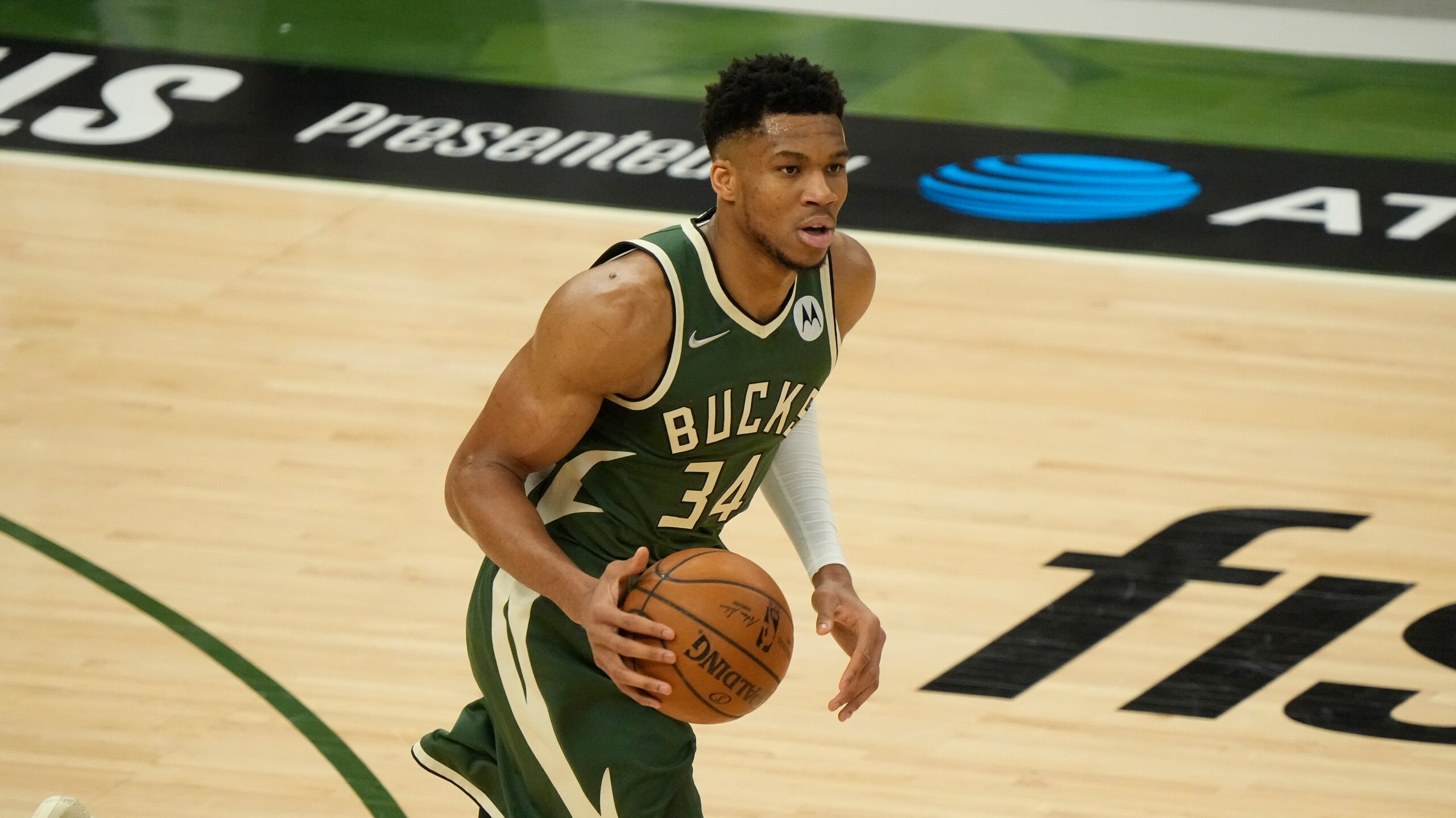 Milwaukee Bucks' Giannis Antetokounmpo dribbles during the first half of Game 1 of the NBA Eastern Conference basketball finals game against the Atlanta Hawks Wednesday, June 23, 2021, in Milwaukee. (AP Photo/Morry Gash)