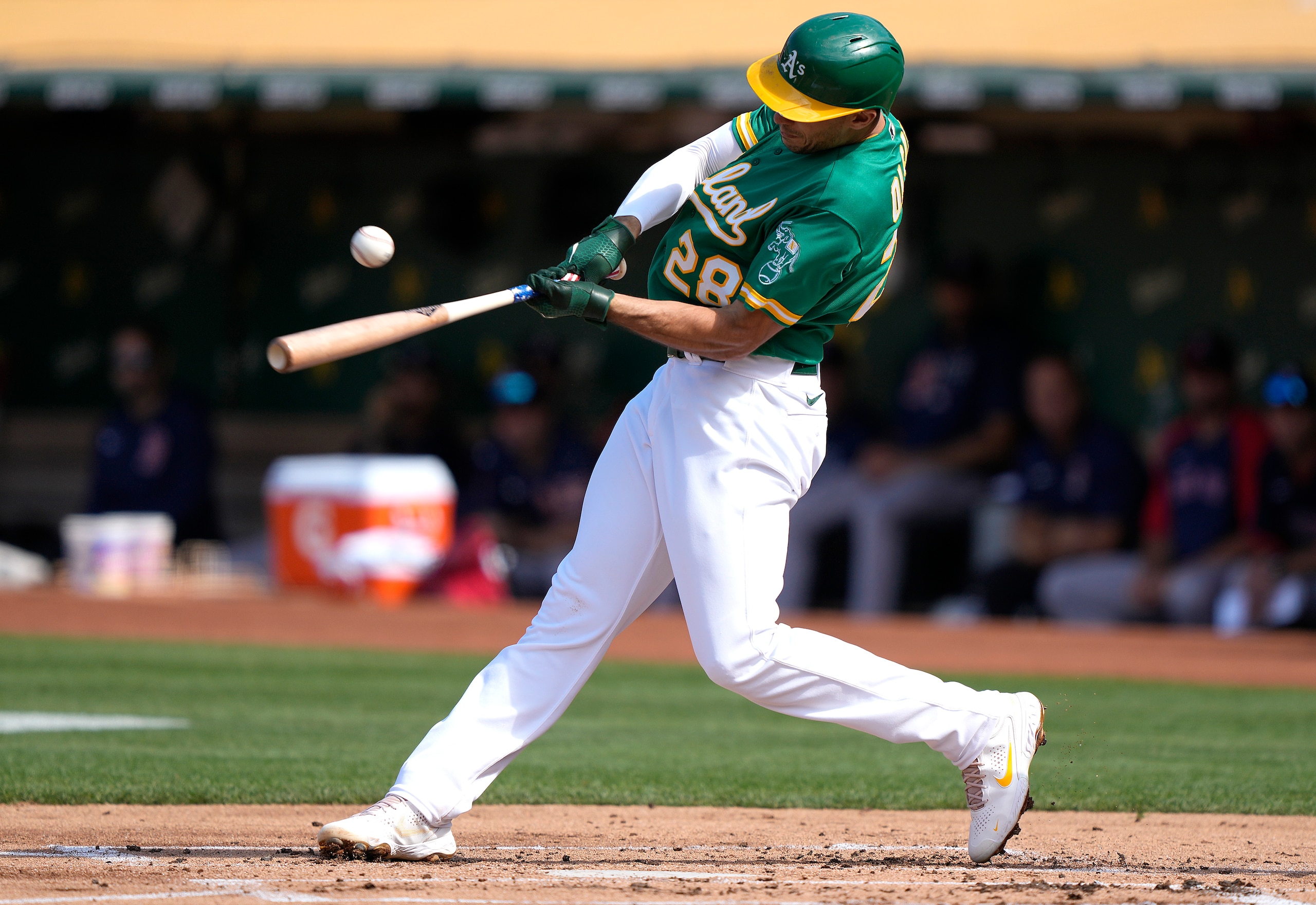 OAKLAND, CALIFORNIA - JULY 03: Matt Olson #28 of the Oakland Athletics bats against the Boston Red Sox in the bottom of the first inning at RingCentral Coliseum on July 03, 2021 in Oakland, California. (Photo by Thearon W. Henderson/Getty Images)