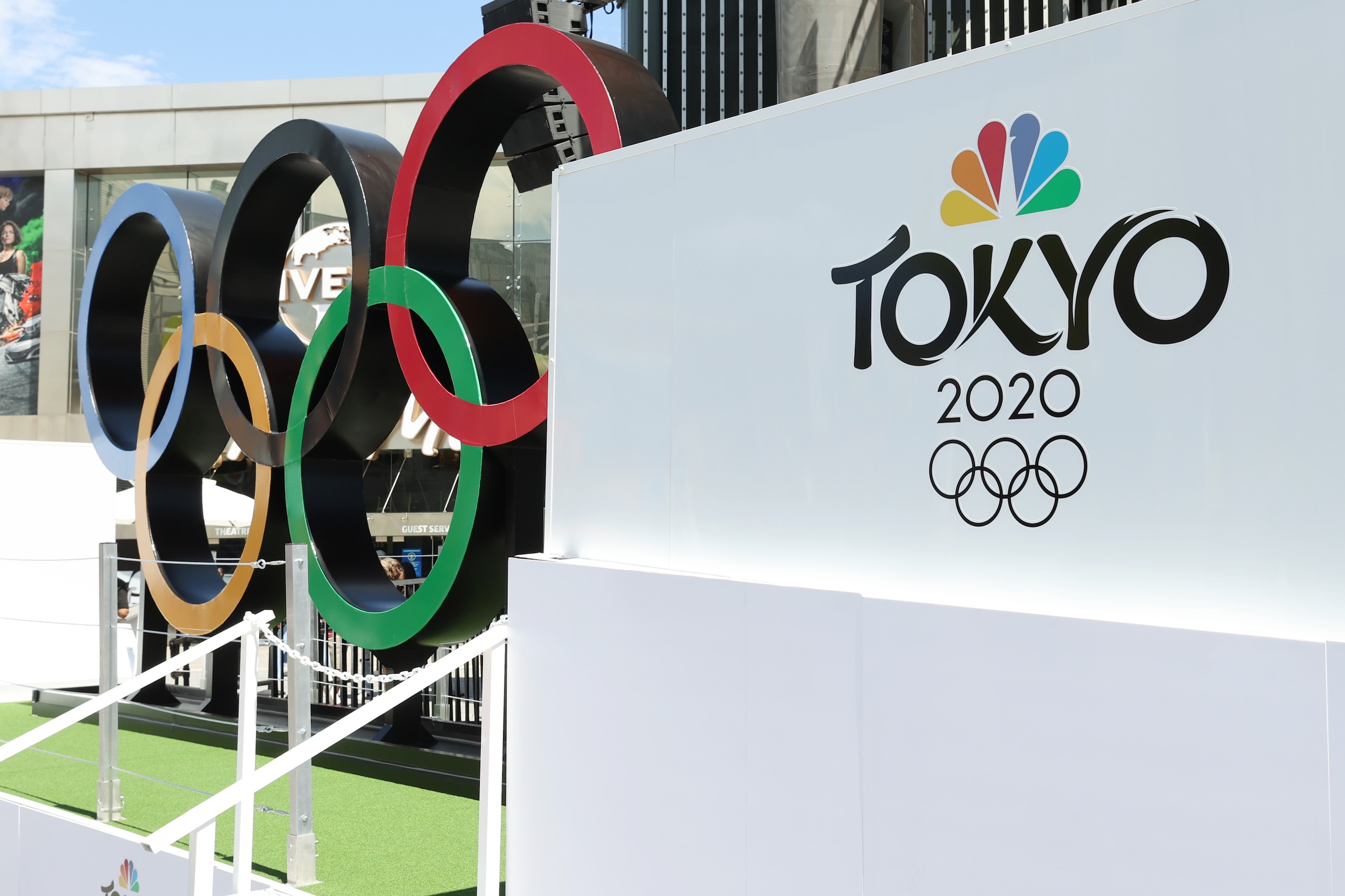 UNIVERSAL CITY, CALIFORNIA - JULY 03: NBC Olympics launches "Rings Across America" Tour life-size set of iconic Olympic Rings at Universal Studios Hollywood on July 03, 2021 in Universal City, California. (Photo by Amy Sussman/Getty Images)
