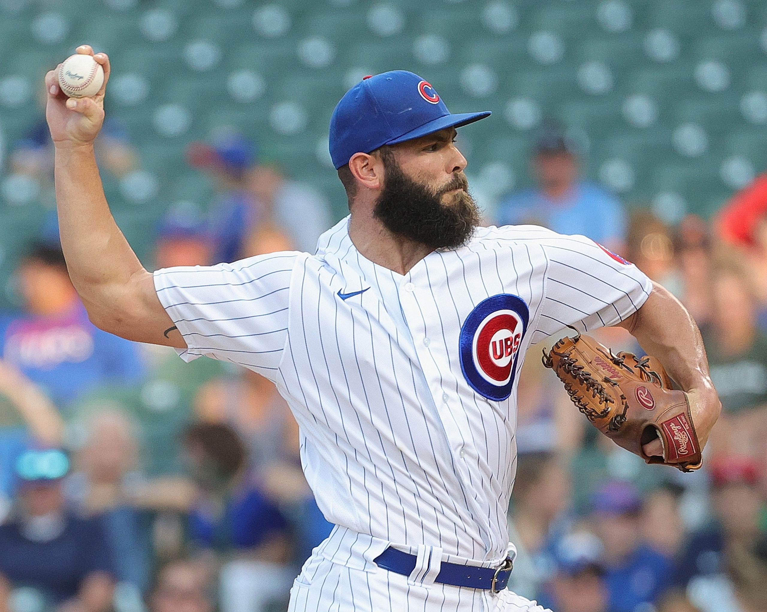 CHICAGO, ILLINOIS - JULY 06: Starting pitcher Jake Arrieta #49 of the Chicago Cubs delivers the ball against the Philadelphia Phillies at Wrigley Field on July 06, 2021 in Chicago, Illinois. (Photo by Jonathan Daniel/Getty Images)