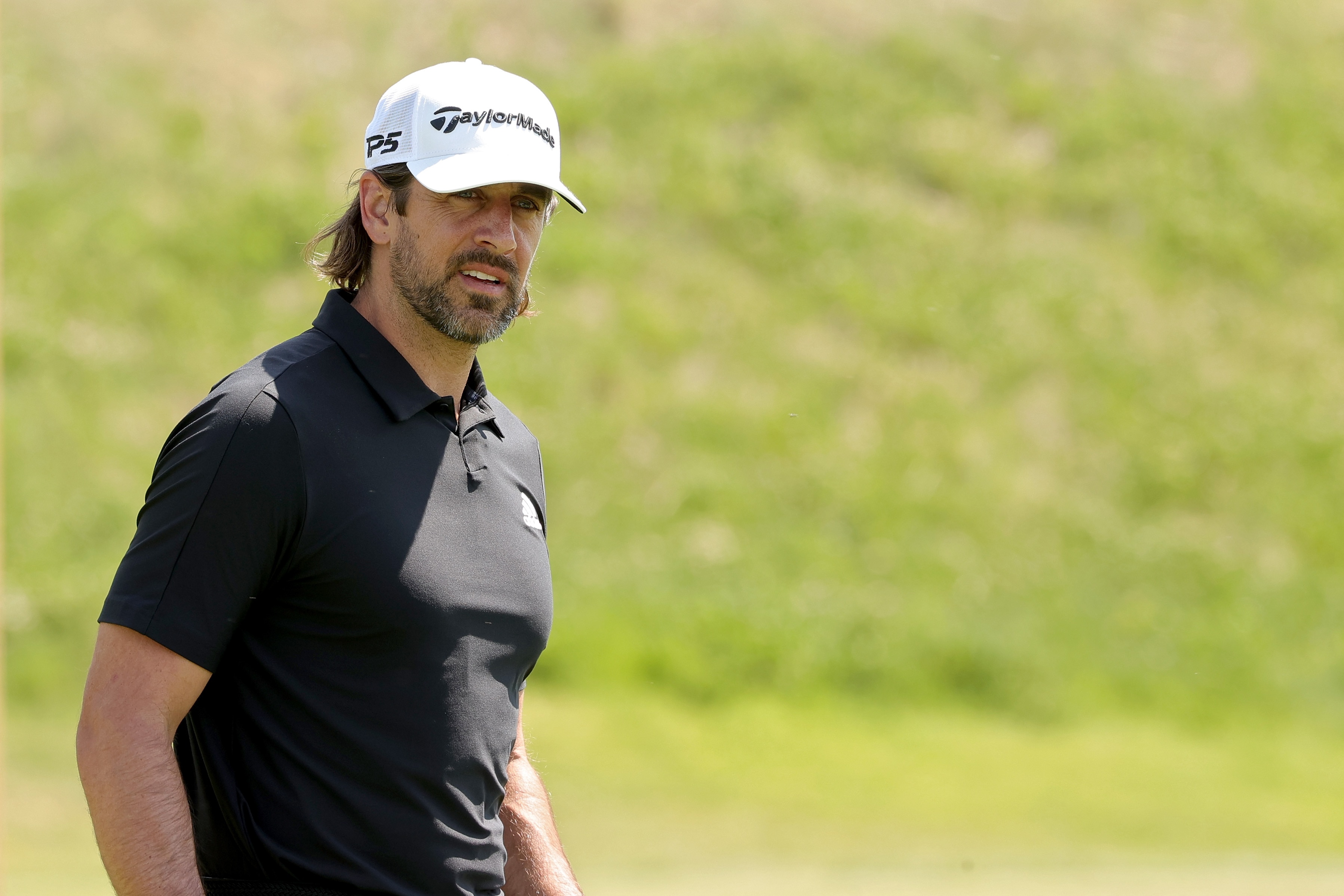 BIG SKY, MONTANA - JULY 06: Aaron Rodgers looks on during Capital One's The Match at The Reserve at Moonlight Basin on July 06, 2021 in Big Sky, Montana. (Photo by Stacy Revere/Getty Images for The Match)
