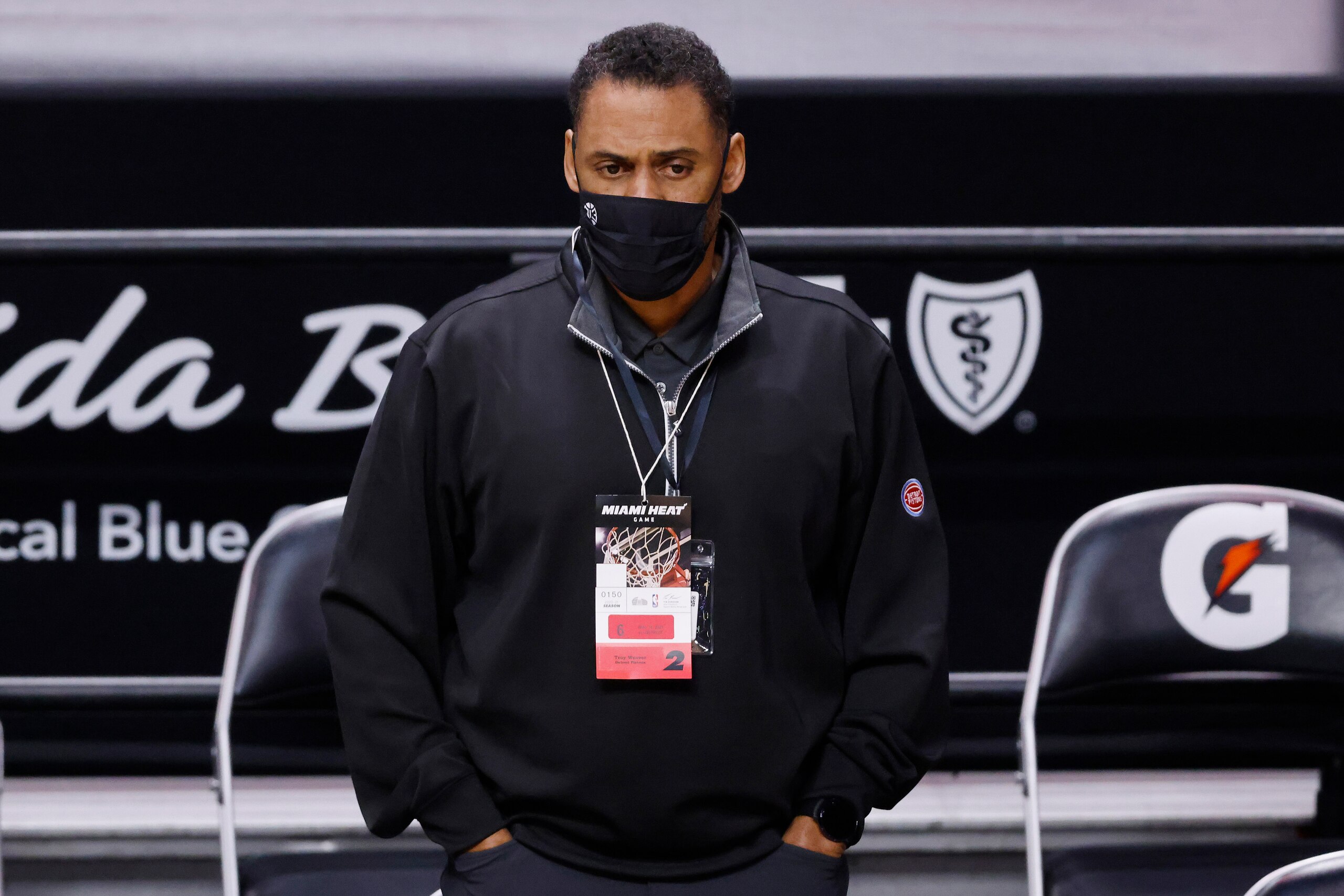 MIAMI, FLORIDA - JANUARY 18: General manager Troy Weaver of the Detroit Pistons looks on prior to the game against the Miami Heat at American Airlines Arena on January 18, 2021 in Miami, Florida. NOTE TO USER: User expressly acknowledges and agrees that, by downloading and or using this photograph, User is consenting to the terms and conditions of the Getty Images License Agreement. (Photo by Michael Reaves/Getty Images)