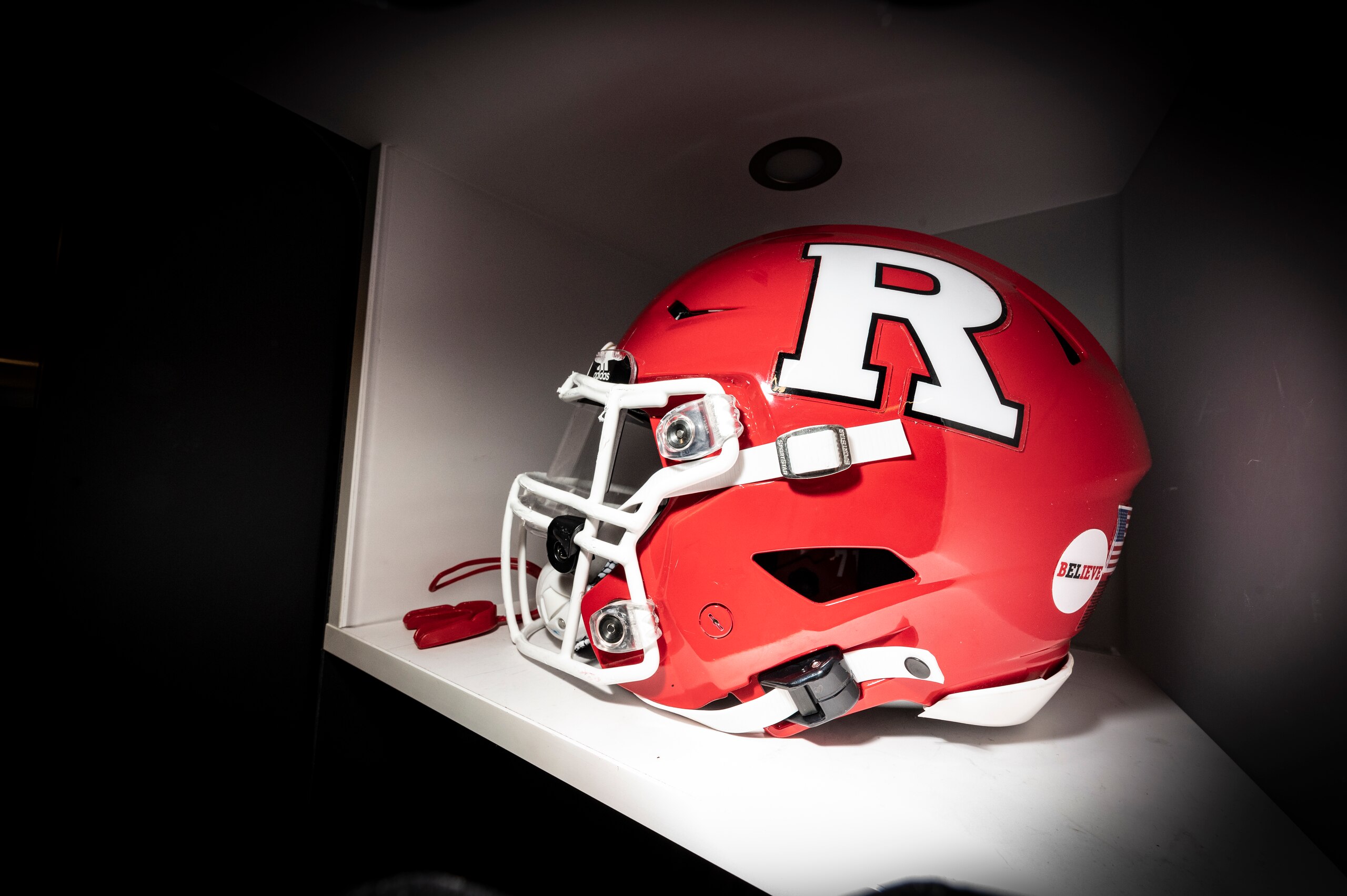 PISCATAWAY, NJ - DECEMBER 18: A detailed view of a Rutgers Scarlet Knights helmet ahead of a regular season game against the Nebraska Cornhuskers at SHI Stadium on December 18, 2020 in Piscataway, New Jersey. (Photo by Benjamin Solomon/Getty Images)