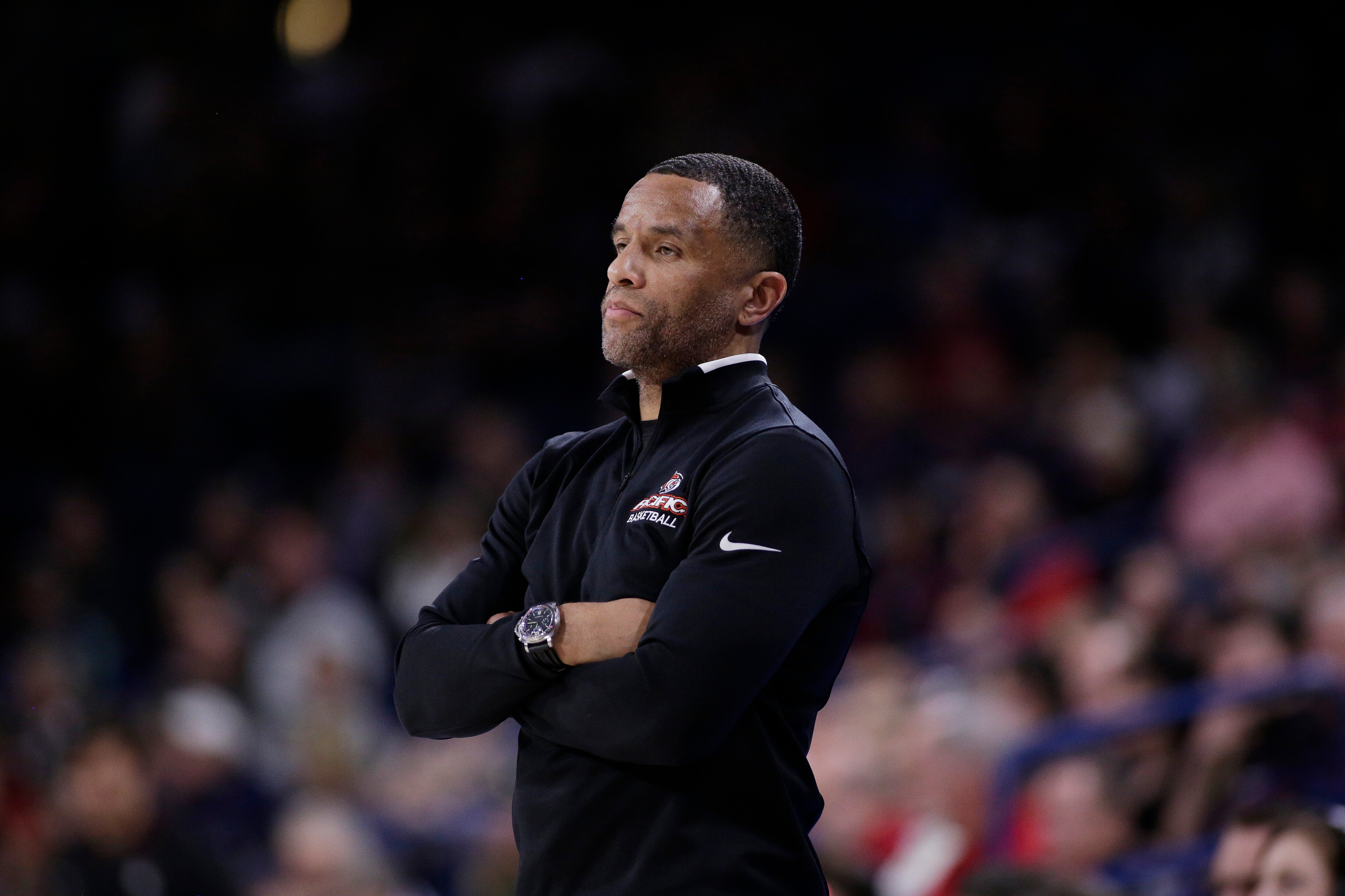 Pacific head coach Damon Stoudamire looks on during the second half of an NCAA college basketball game against Gonzaga in Spokane, Wash., Saturday, Jan. 25, 2020. (AP Photo/Young Kwak)