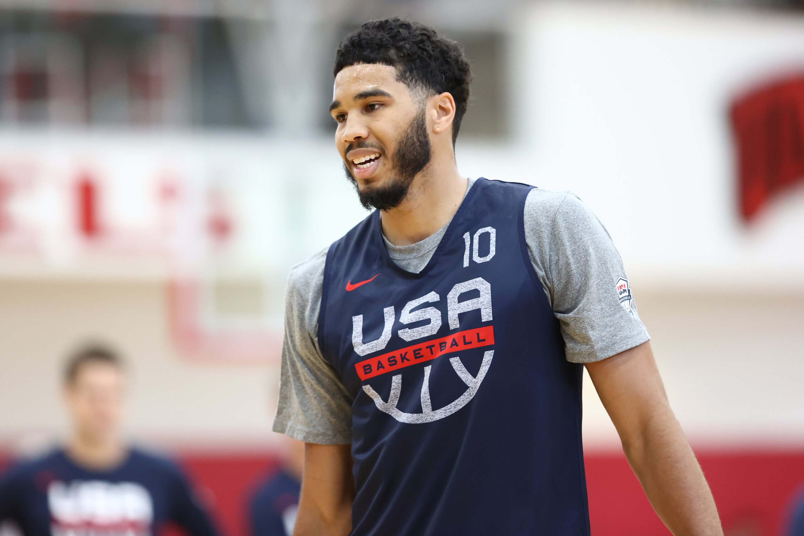 LAS VEGAS, NV - JULY 6: Jayson Tatum #10 of Team USA smiles during USAB Mens National Team practice at the Mendenhall Center on July 6, 2021 in Las Vegas, Nevada. NOTE TO USER: User expressly acknowledges and agrees that, by downloading and or using this photograph, User is consenting to the terms and conditions of the Getty Images License Agreement. (Photo by Ned Dishman/NBAE via Getty Images)