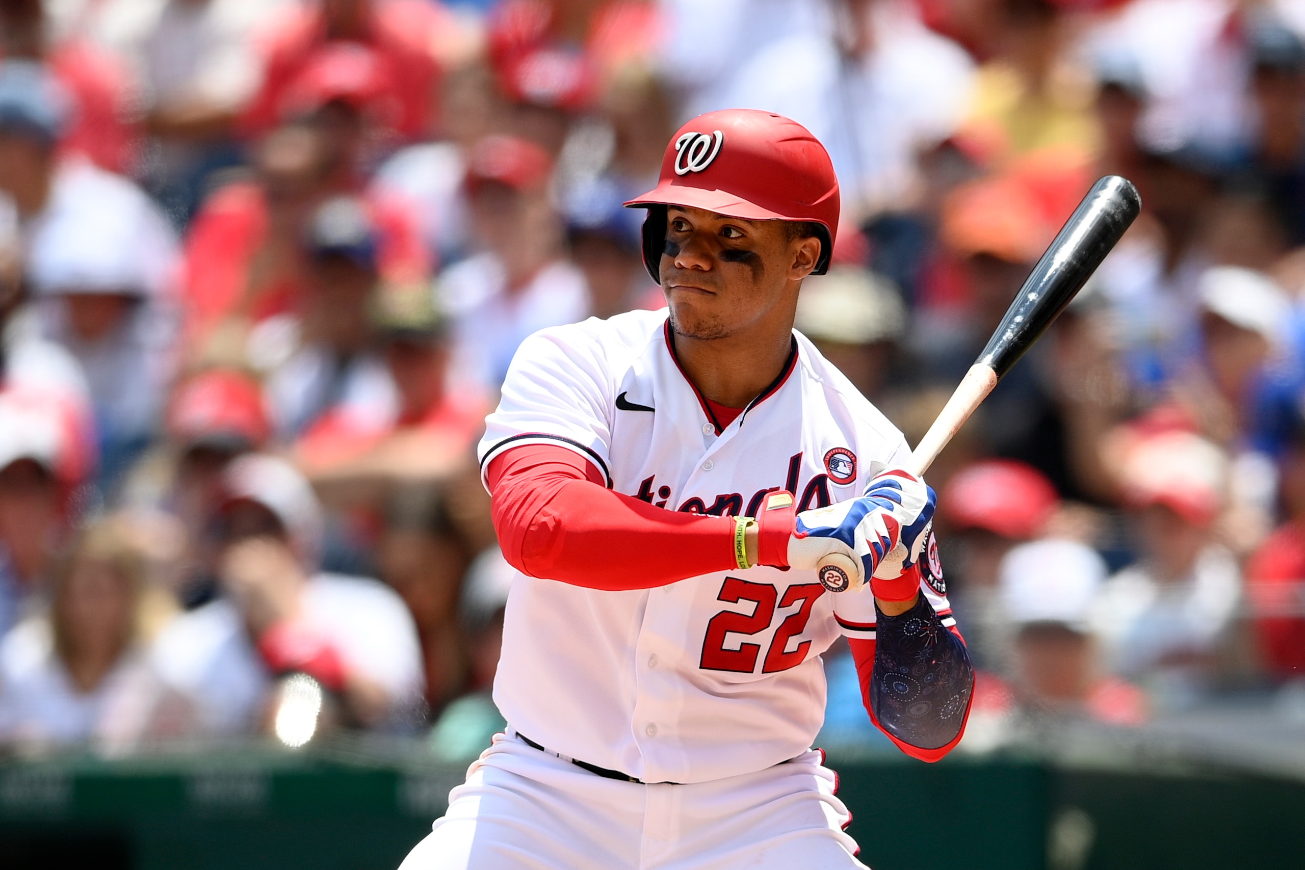 Washington Nationals' Juan Soto bats during a baseball game against the Los Angeles Dodgers, Sunday, July 4, 2021, in Washington. The Dodgers won 5-1. (AP Photo/Nick Wass)