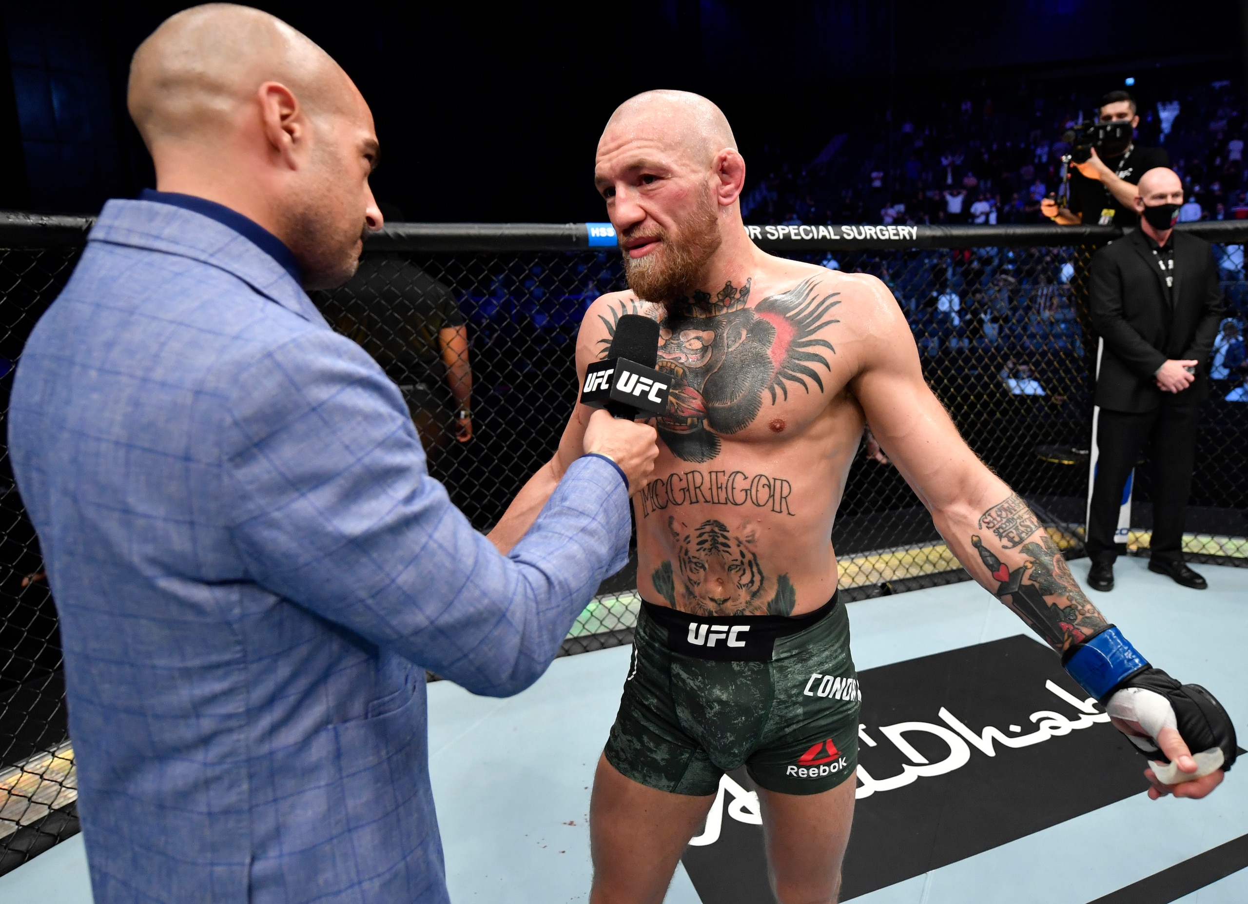 ABU DHABI, UNITED ARAB EMIRATES - JANUARY 23: Conor McGregor of Ireland reacts after his TKO loss to Dustin Poirier in a lightweight fight during the UFC 257 event inside Etihad Arena on UFC Fight Island on January 23, 2021 in Abu Dhabi, United Arab Emirates. (Photo by Jeff Bottari/Zuffa LLC) ABU DHABI, UNITED ARAB EMIRATES - JANUARY 23: Conor McGregor of Ireland reacts after his TKO loss to Dustin Poirier in a lightweight fight during the UFC 257 event inside Etihad Arena on UFC Fight Island on January 23, 2021 in Abu Dhabi, United Arab Emirates. (Photo by Jeff Bottari/Zuffa LLC)