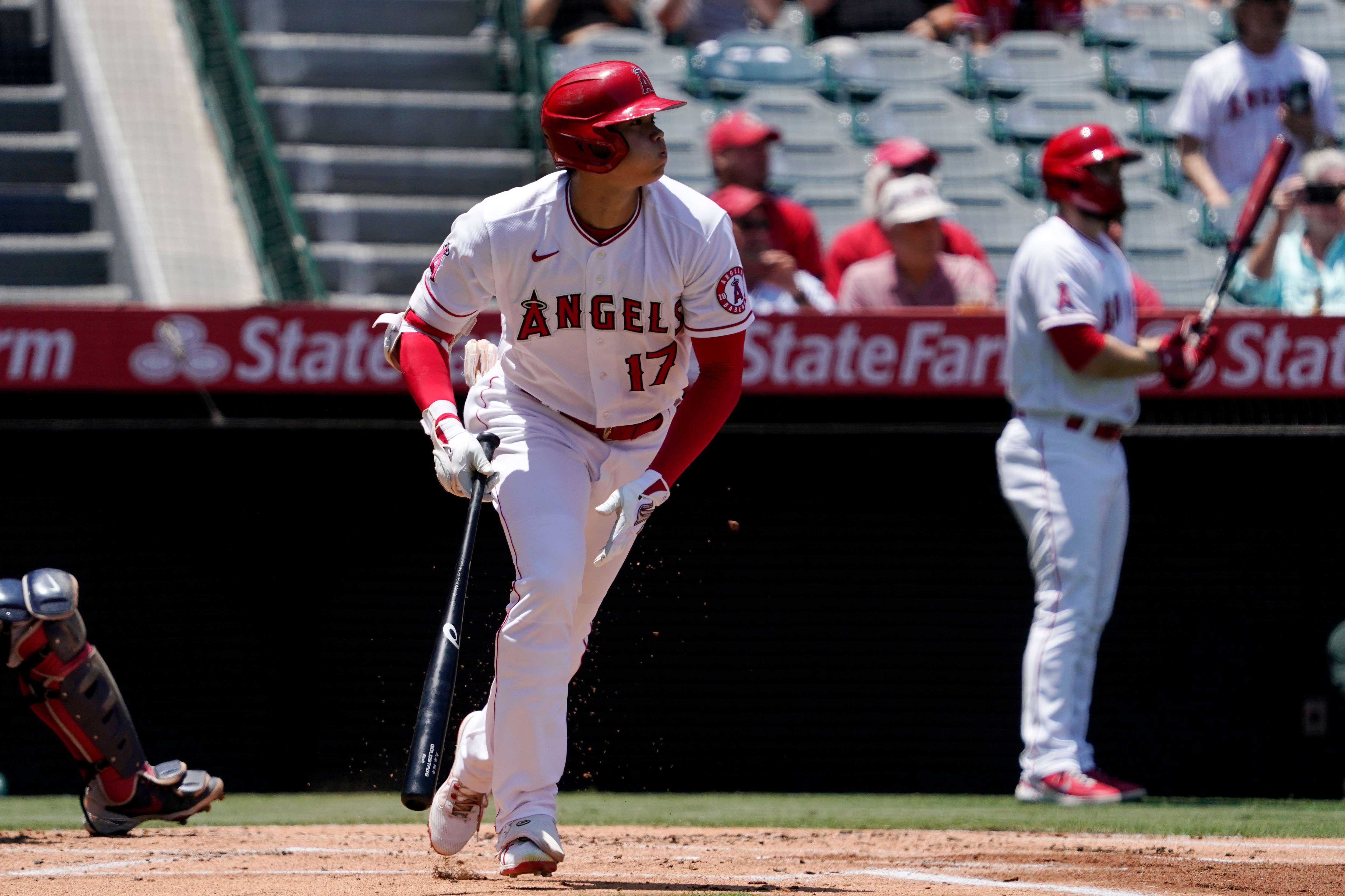 Los Angeles Angels' Shohei Ohtani runs to first as he hits a single during the first inning of a baseball game against the Boston Red Sox Wednesday, July 7, 2021, in Anaheim, Calif. (AP Photo/Mark J. Terrill)