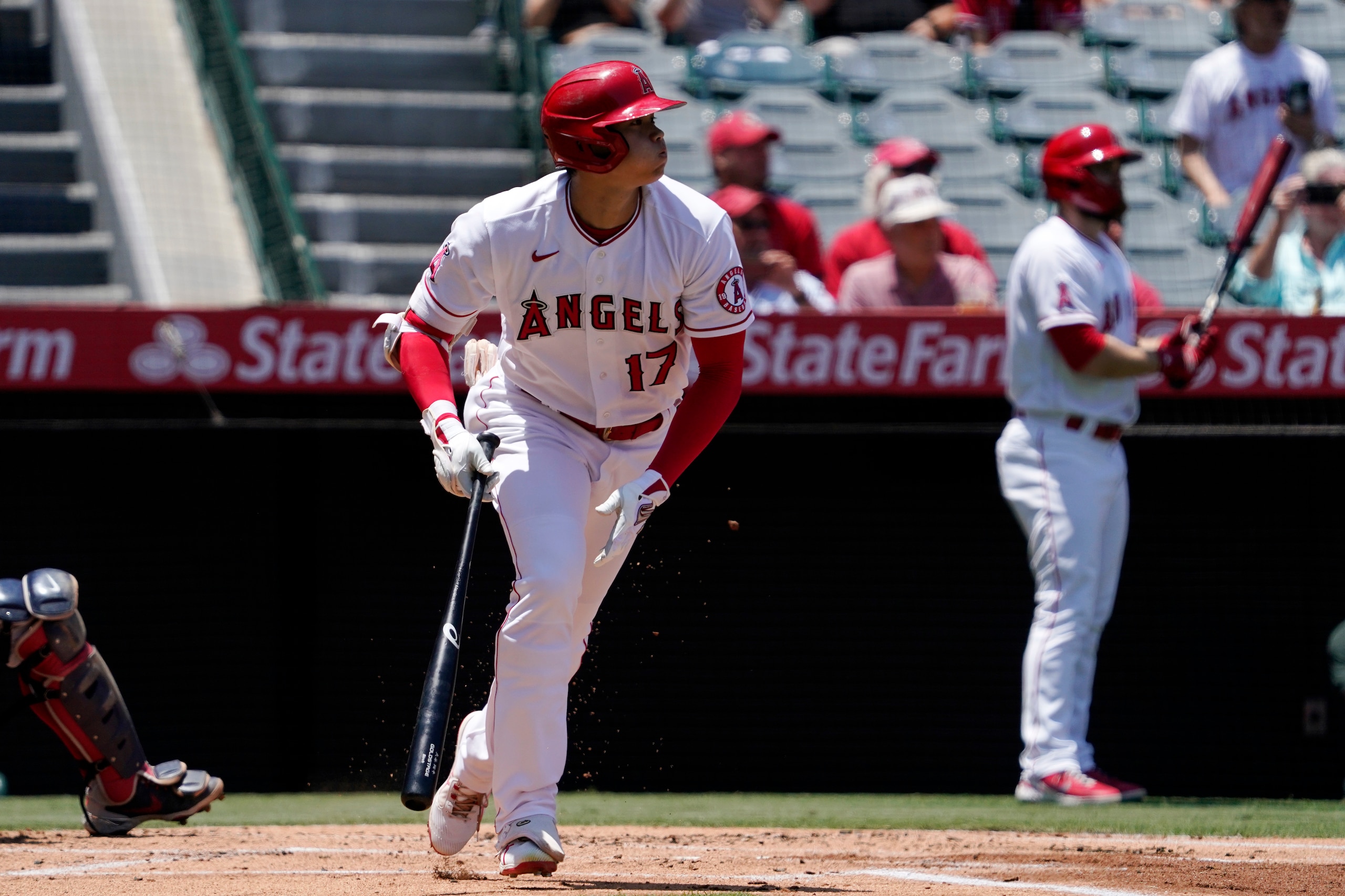 Los Angeles Angels' Shohei Ohtani runs to first as he hits a single during the first inning of a baseball game against the Boston Red Sox Wednesday, July 7, 2021, in Anaheim, Calif. (AP Photo/Mark J. Terrill)