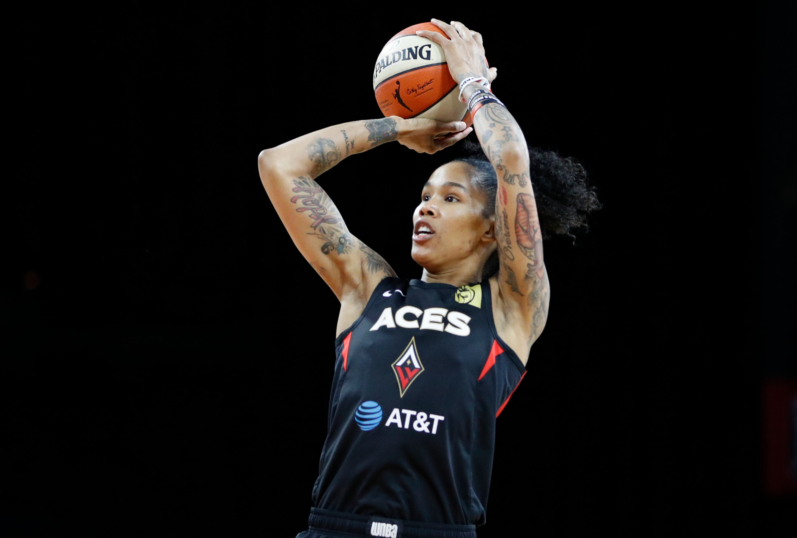 Las Vegas Aces' Tamera Young (1) plays against the Washington Mystics during the first half of Game 4 of a WNBA playoff basketball series Tuesday, Sept. 24, 2019, in Las Vegas. (AP Photo/John Locher)