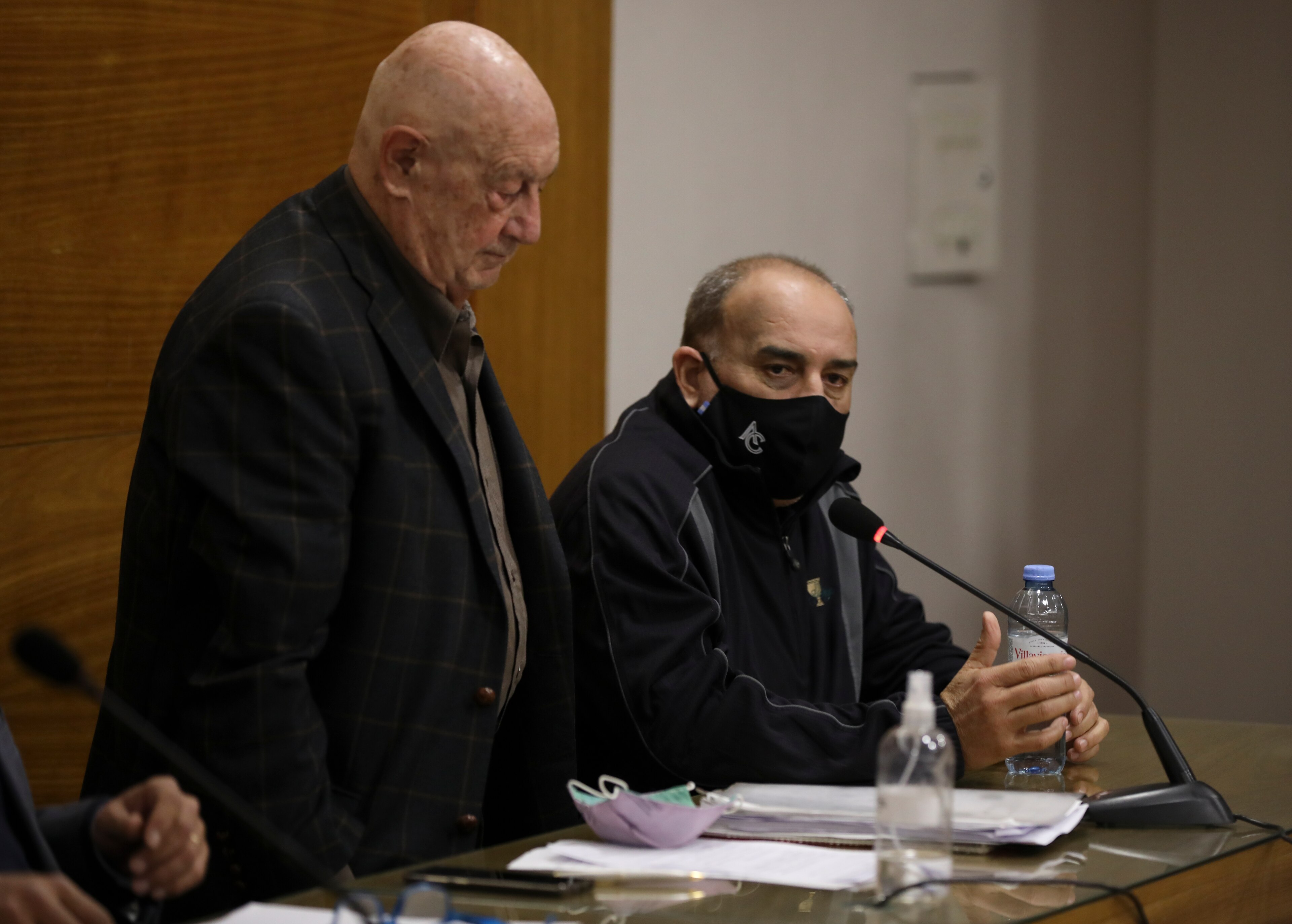 Argentine golfer Angel Cabrera, right, charged with assaulting three former partners, attends his trial defended by lawyer Carlos Hairabedian, in Cordoba, Argentina, Wednesday, July 7, 2021. Cabrera, who has won both the Masters and the U.S. Open, spent months on the run from the case involving assault claims filed by his former girlfriend Cecilia Torres Mana, his former wife Silva Rivadero and former partner Micaela Escudero. (AP Photo/Nicolas Aguilera) Argentine golfer Angel Cabrera, right, charged with assaulting three former partners, attends his trial defended by lawyer Carlos Hairabedian, in Cordoba, Argentina, Wednesday, July 7, 2021. Cabrera, who has won both the Masters and the U.S. Open, spent months on the run from the case involving assault claims filed by his former girlfriend Cecilia Torres Mana, his former wife Silva Rivadero and former partner Micaela Escudero. (AP Photo/Nicolas Aguilera)