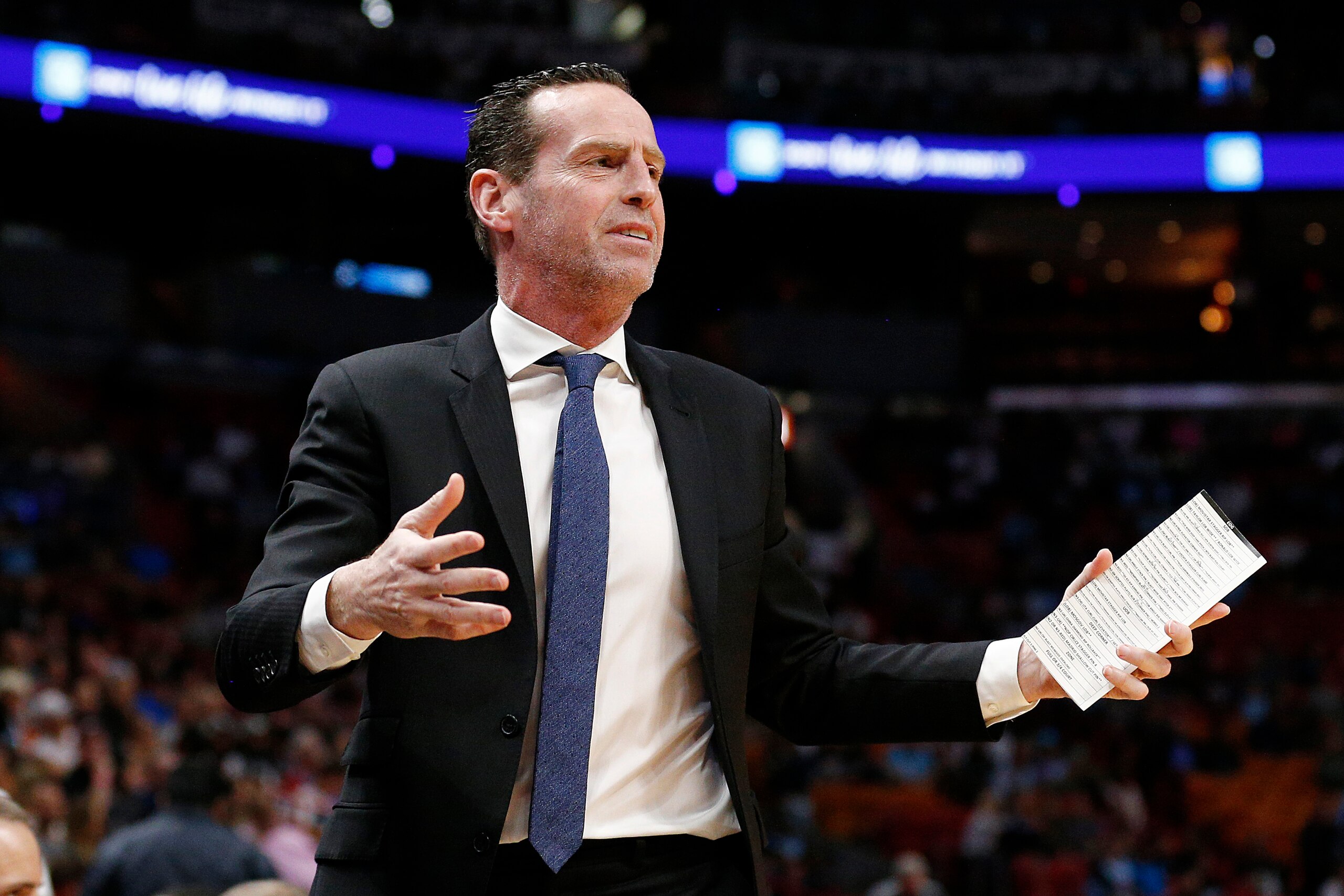 MIAMI, FLORIDA - FEBRUARY 29:  Head coach Kenny Atkinson of the Brooklyn Nets reacts against the Miami Heat during the second half at American Airlines Arena on February 29, 2020 in Miami, Florida. NOTE TO USER: User expressly acknowledges and agrees that, by downloading and/or using this photograph, user is consenting to the terms and conditions of the Getty Images License Agreement.  (Photo by Michael Reaves/Getty Images)