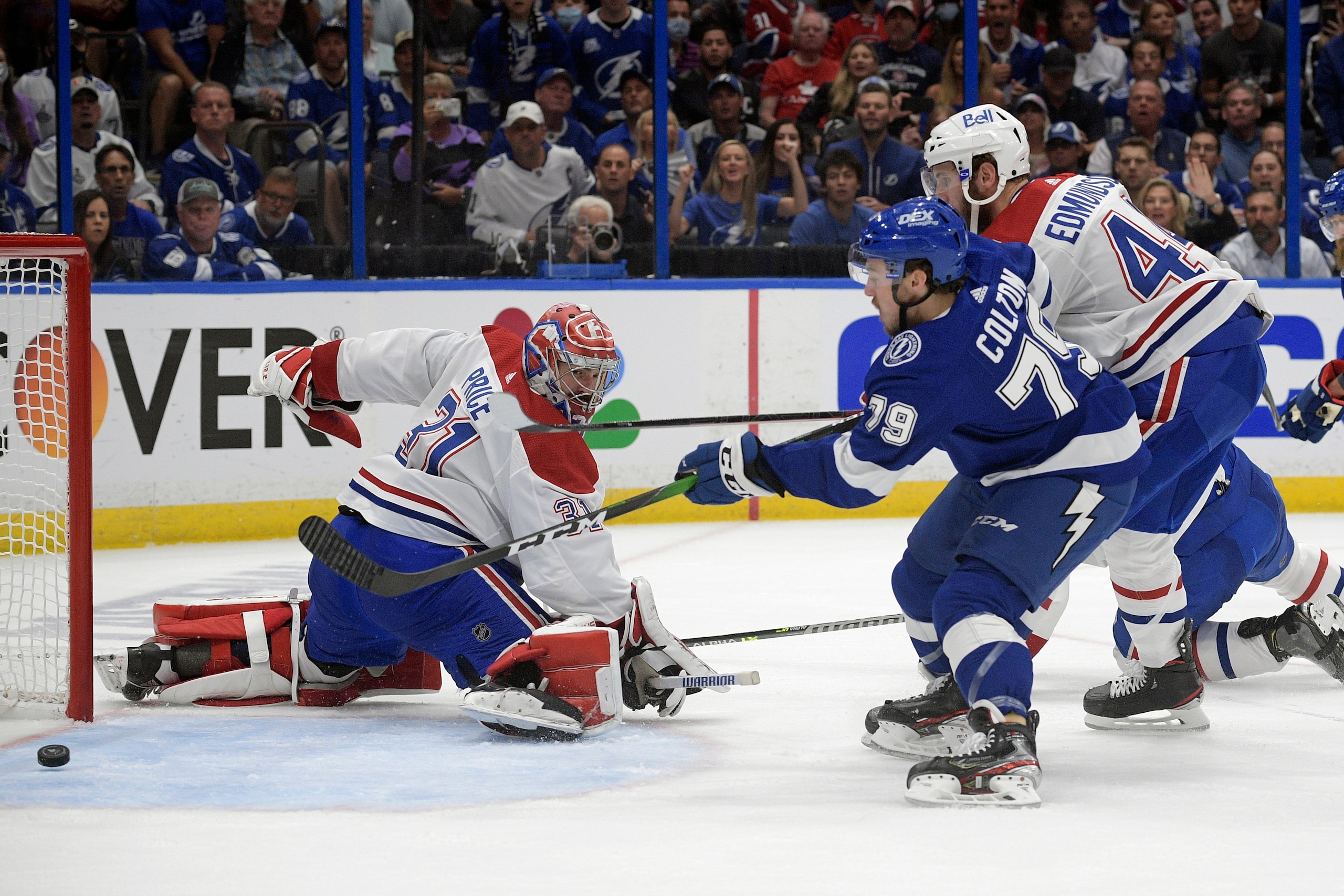 Tampa Bay Lightning left wing Ross Colton (79) scores on Montreal Canadiens goaltender Carey Price (31) during the second period in Game 5 of the NHL hockey Stanley Cup finals, Wednesday, July 7, 2021, in Tampa, Fla. (AP Photo/Phelan Ebenhack) Tampa Bay Lightning left wing Ross Colton (79) scores on Montreal Canadiens goaltender Carey Price (31) during the second period in Game 5 of the NHL hockey Stanley Cup finals, Wednesday, July 7, 2021, in Tampa, Fla. (AP Photo/Phelan Ebenhack)