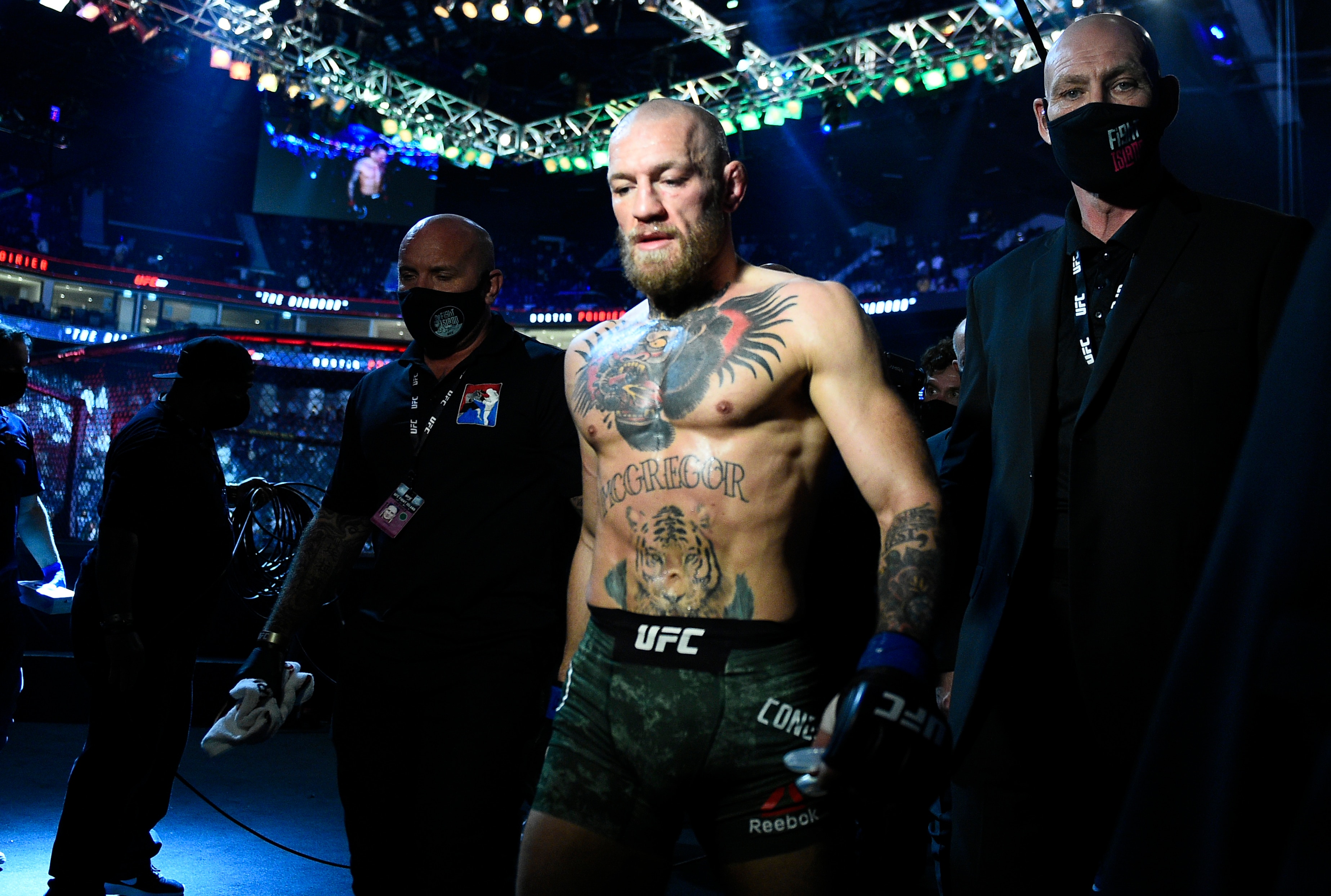 ABU DHABI, UNITED ARAB EMIRATES - JANUARY 23: Conor McGregor of Ireland reacts after his TKO loss to Dustin Poirier in a lightweight fight during the UFC 257 event inside Etihad Arena on UFC Fight Island on January 23, 2021 in Abu Dhabi, United Arab Emirates. (Photo by Chris Unger/Zuffa LLC) ABU DHABI, UNITED ARAB EMIRATES - JANUARY 23: Conor McGregor of Ireland reacts after his TKO loss to Dustin Poirier in a lightweight fight during the UFC 257 event inside Etihad Arena on UFC Fight Island on January 23, 2021 in Abu Dhabi, United Arab Emirates. (Photo by Chris Unger/Zuffa LLC)