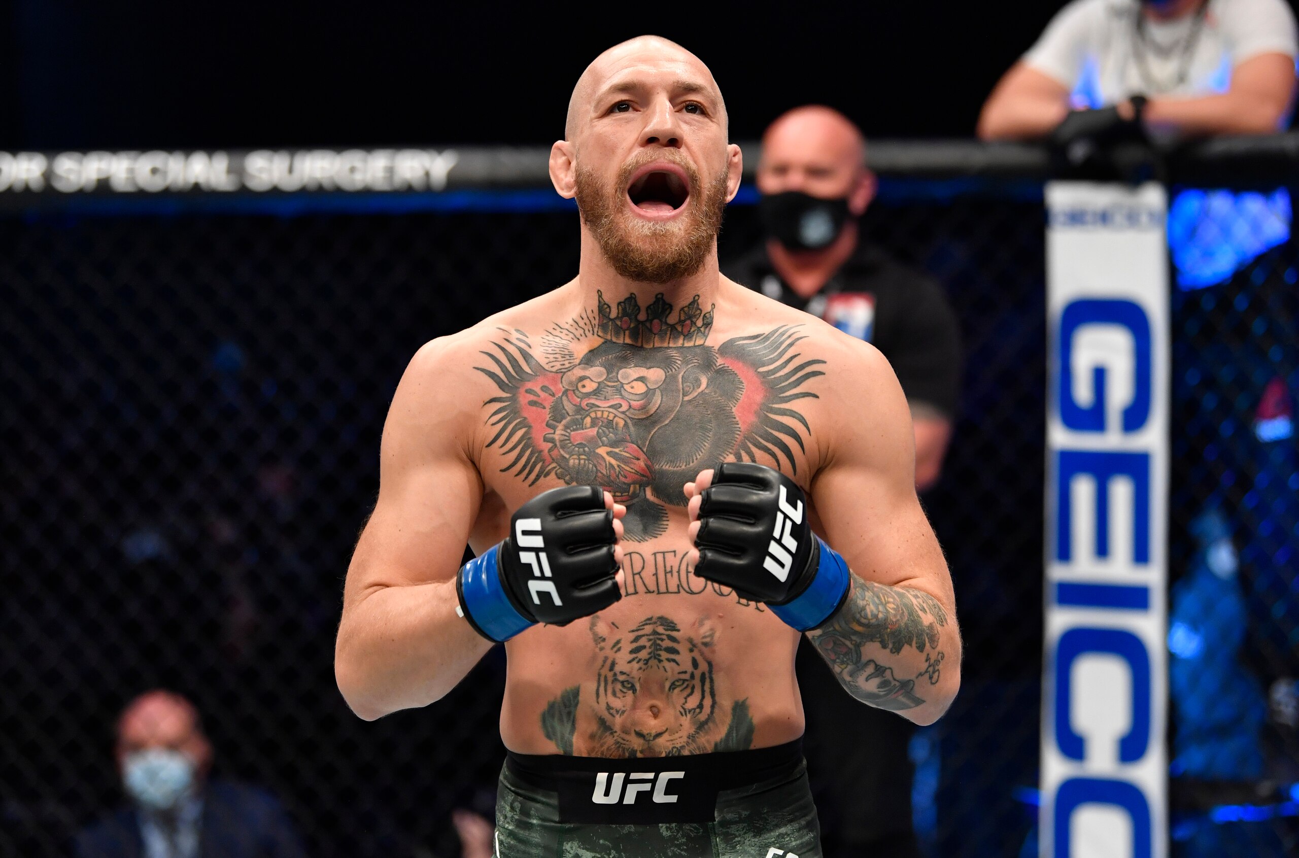 ABU DHABI, UNITED ARAB EMIRATES - JANUARY 23: Conor McGregor of Ireland prepares to fight Dustin Poirier in a lightweight fight during the UFC 257 event inside Etihad Arena on UFC Fight Island on January 23, 2021 in Abu Dhabi, United Arab Emirates. (Photo by Jeff Bottari/Zuffa LLC)